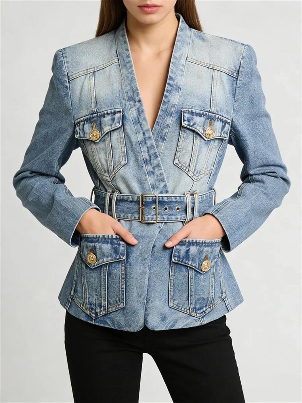 Women V Neck Denim Jacket Patchwork Belted Long Sleeve Casual Coat