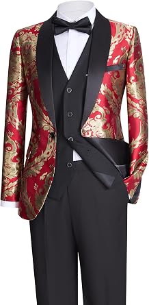 Mens Suit 3-Piece Shawl Lapel Tuxedo Set | Floral Jacquard Blazer Jacket, Slim Fit Vest & Pants for Wedding Prom