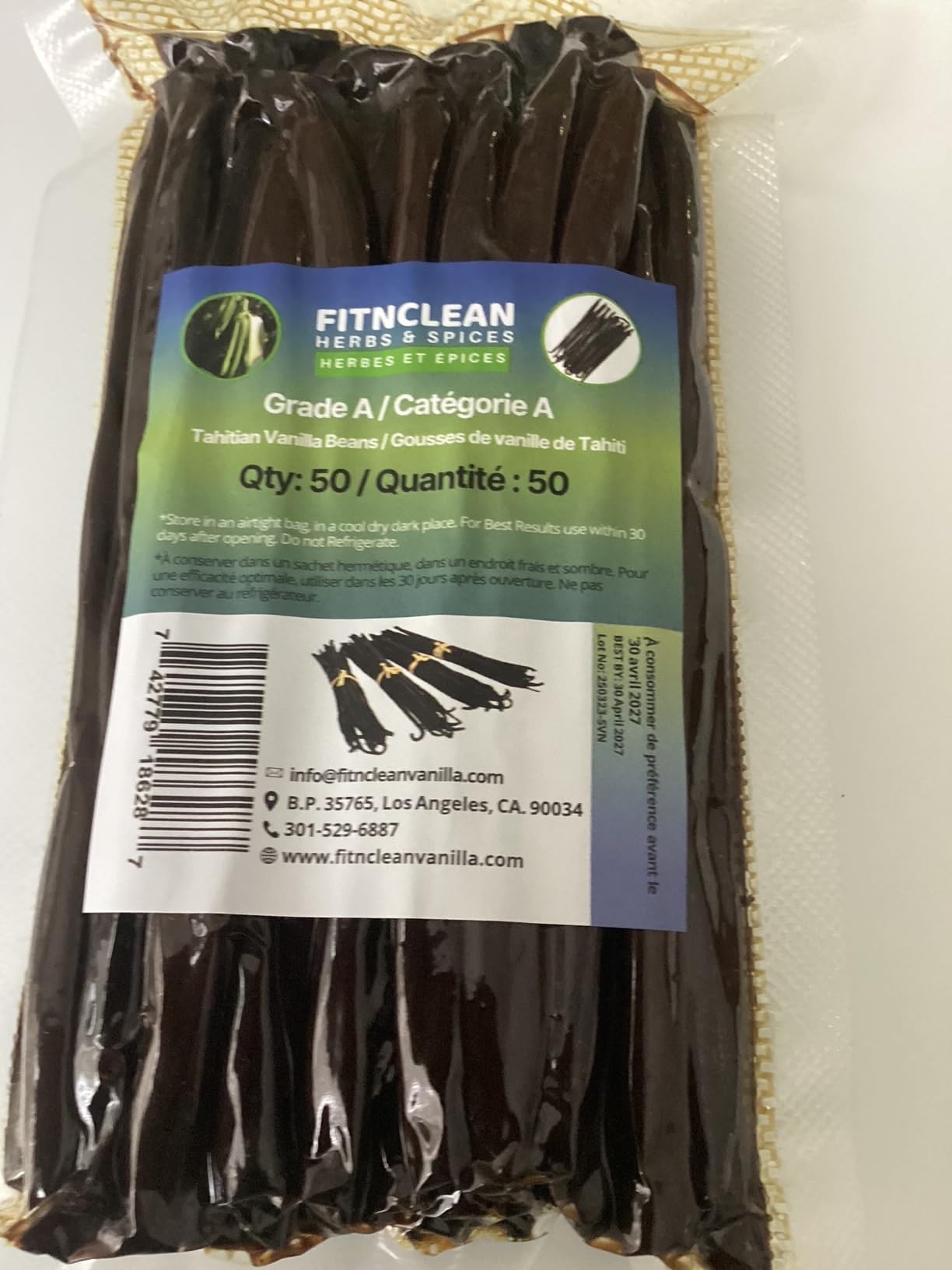 50 Tahitian Vanilla Beans Grade A by FITNCLEAN VANILLA for Baking, Extract and Paste. ~5" Bulk Fresh Raw NON-GMO Whole Gourmet Pods