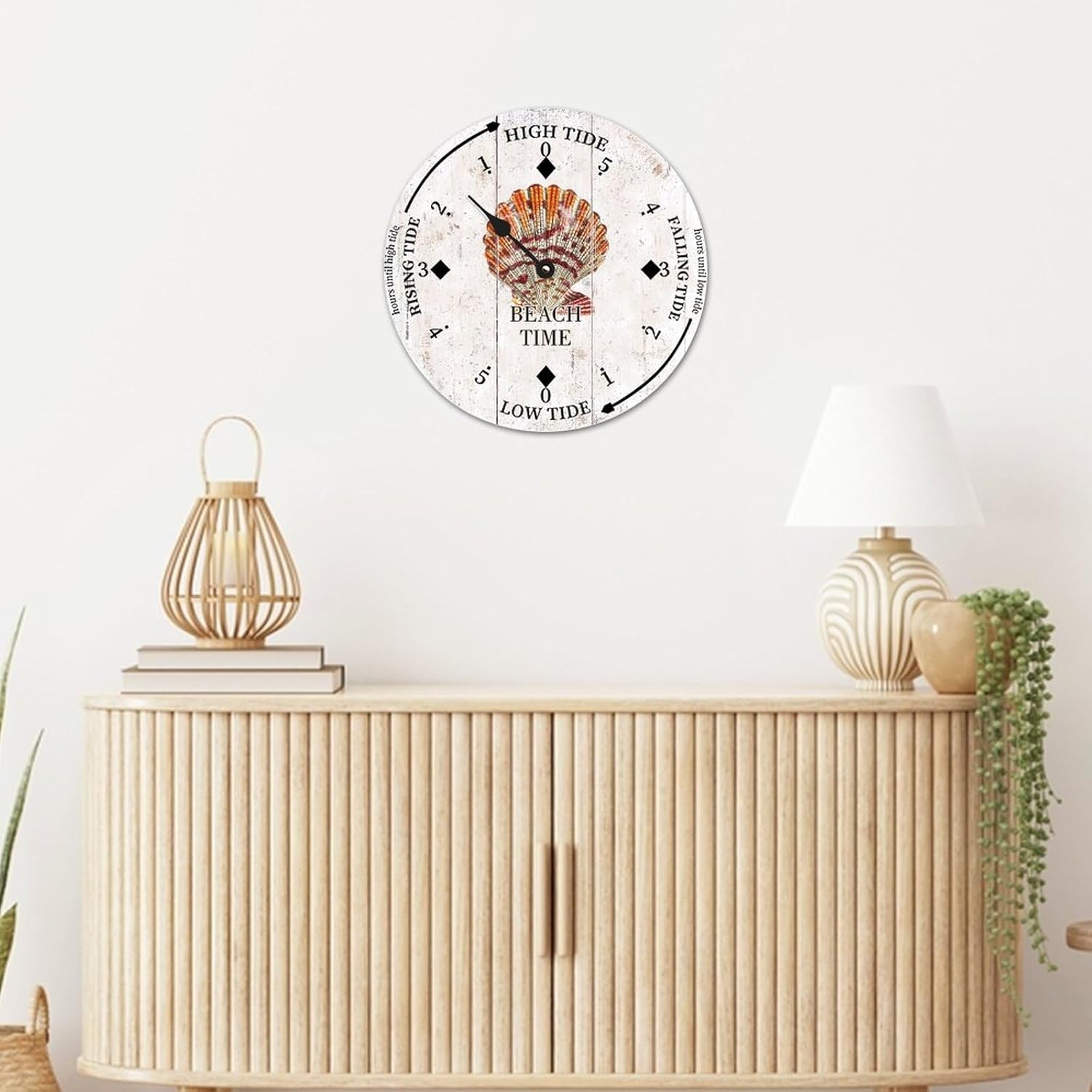 Cheyan Beach Time Shell Tide Clock Silent Non-Ticking Battery Operated Wooden Moon Nautical Tide Movement Clock for Sailing Living Room Restaurant Home Decor Wood Wall Art 15x15 in