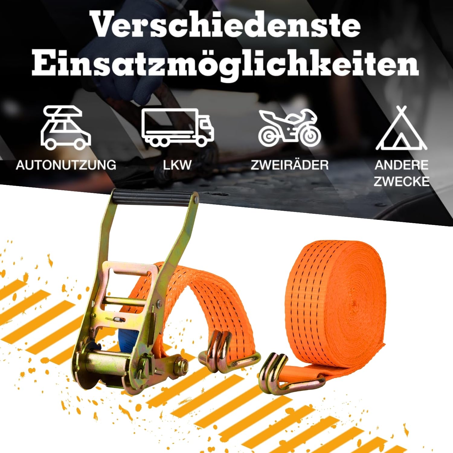 Spanngurt 5t 50mm x 8m – 2-teilig mit Ratsche & Spitzhaken – Zugkraft 5000kg – Polyester Zurrgurt – Sicherer Transport, Verzurren, Sichern von Ladung (4 Stück)