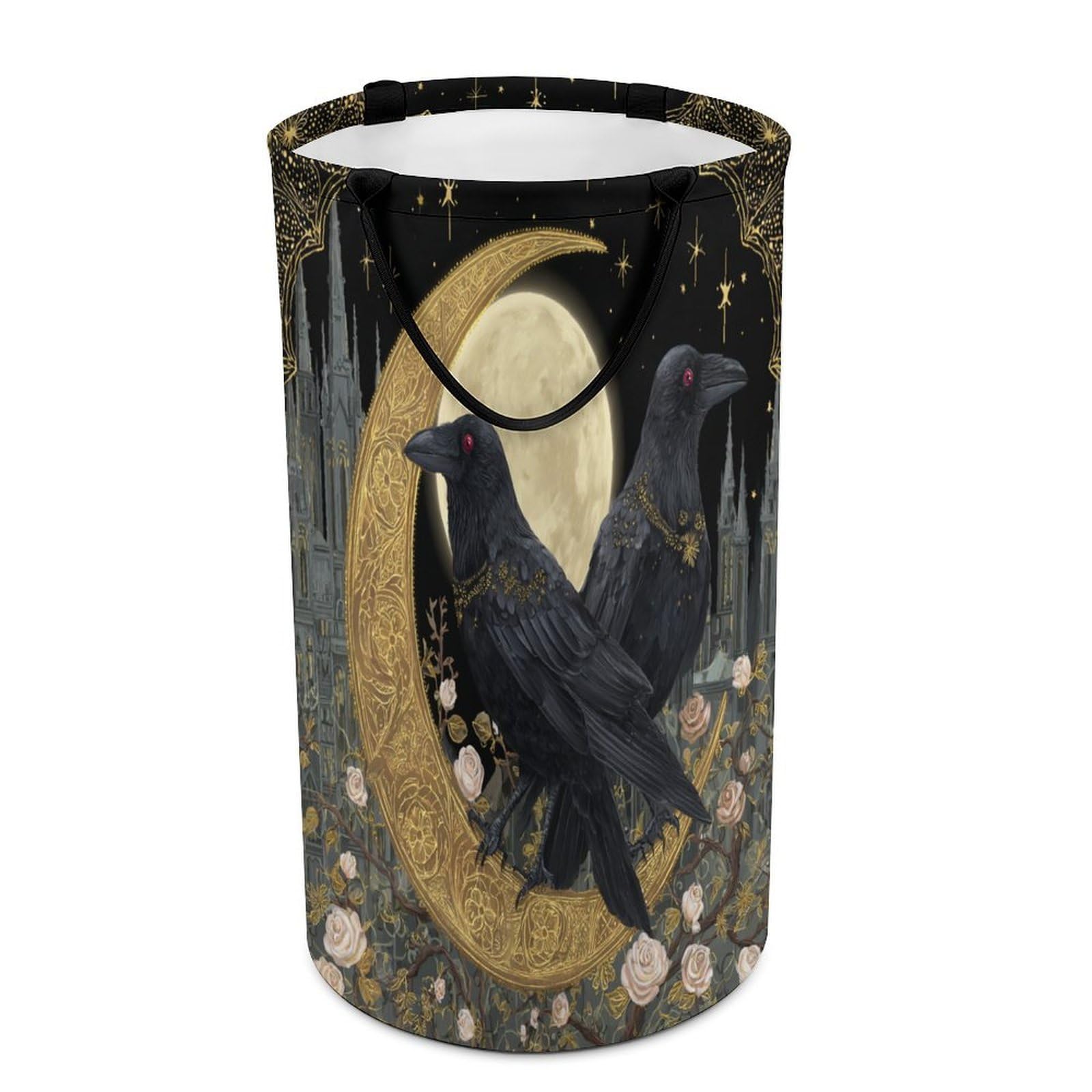 LUYYSKY Fantasy Rustic Animal Raven Collapsible Dirty Clothes Basket, Retro Watercolor Full Moon Starry Sky Galaxy Castle Roses Floral Portable Clothes Storage Laundry Basket-40 CM Dia, 69 CM High