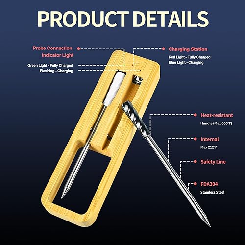Miniatura 3 de QCN Termómetro de carne Bluetooth inalámbrico inteligente termómetro para cocinar más APP control digital de alimentos termómetros para asar y
