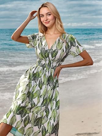 Women Button Down Dress Loose Summer Cotton Linen Dress Ruffle Hem Casual Dress Short Sleeve Tunic Dress