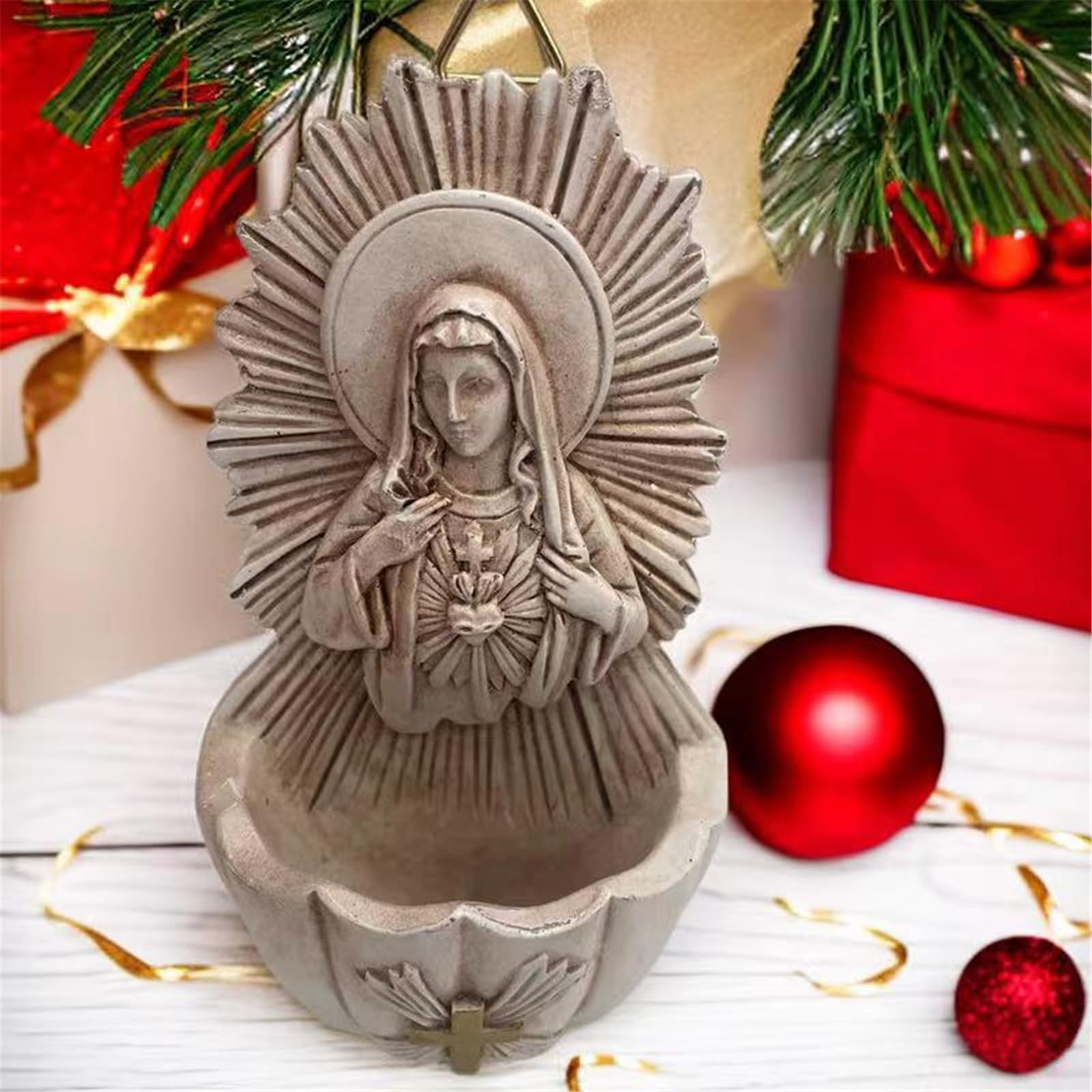 WEIDN Resins Holy Water Font Wall Mount with Key Storage Organizers, Virgin Religious Catholic Wall Hanging Statue Sculpture Church Wall Hanging Decor for First Communion, Confirmation