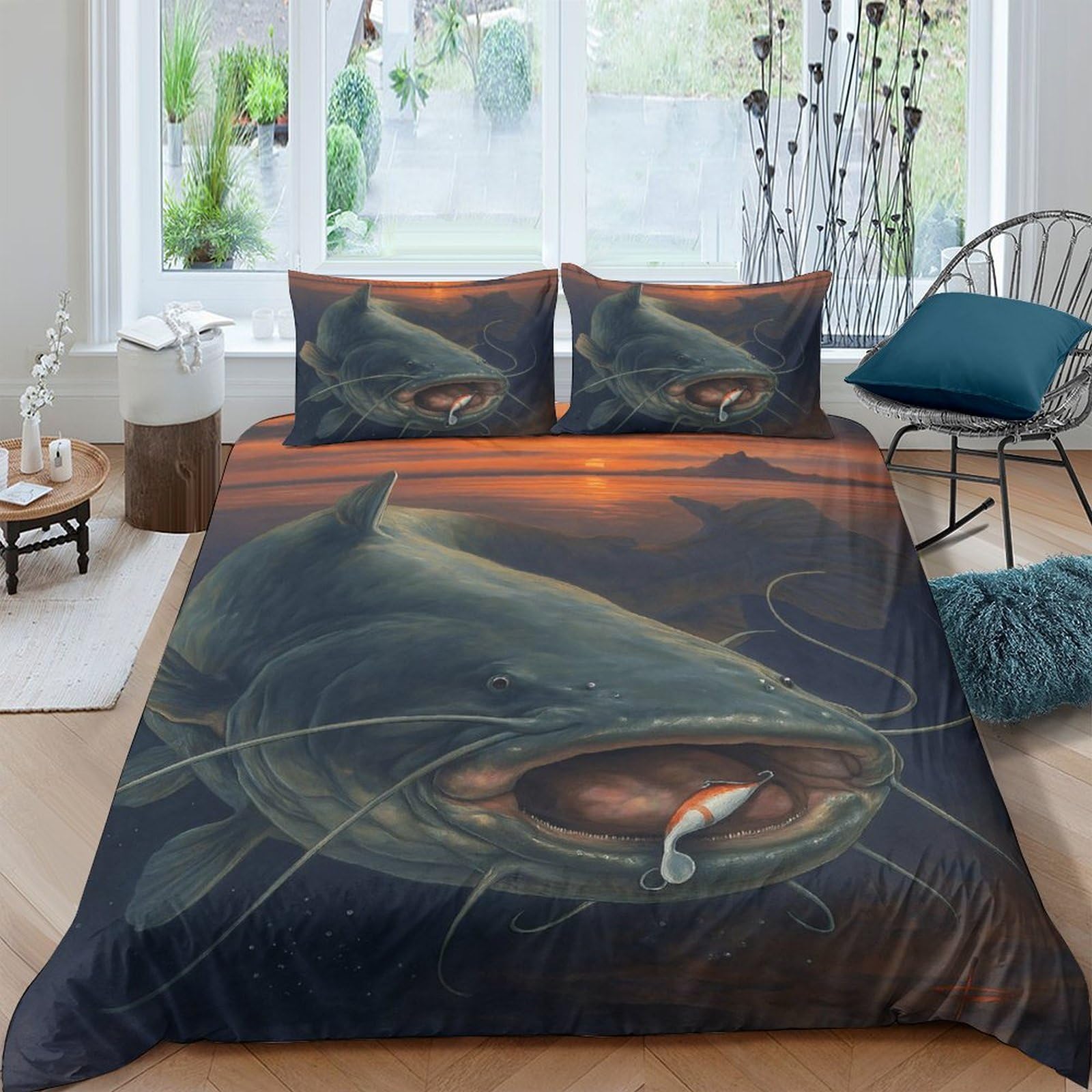 GPLZQXKJNH 3D Printed Giant Catfish Duvet Cover Microfiber Breathable Sunset Lake Bedding Set with 2 Pillowcases for Bedroom Décor Single（135x200cm）