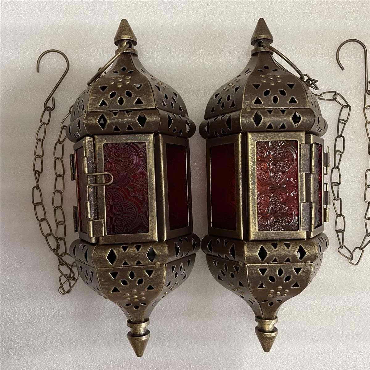 2PCS Moroccan Decorative Candle Lantern Metal Hanging Tealight Candlestick Holder Glass Indoor Outdoor LED Flameless Candle Holder 13.8 inches Chain (Vintage Bronze Gold)