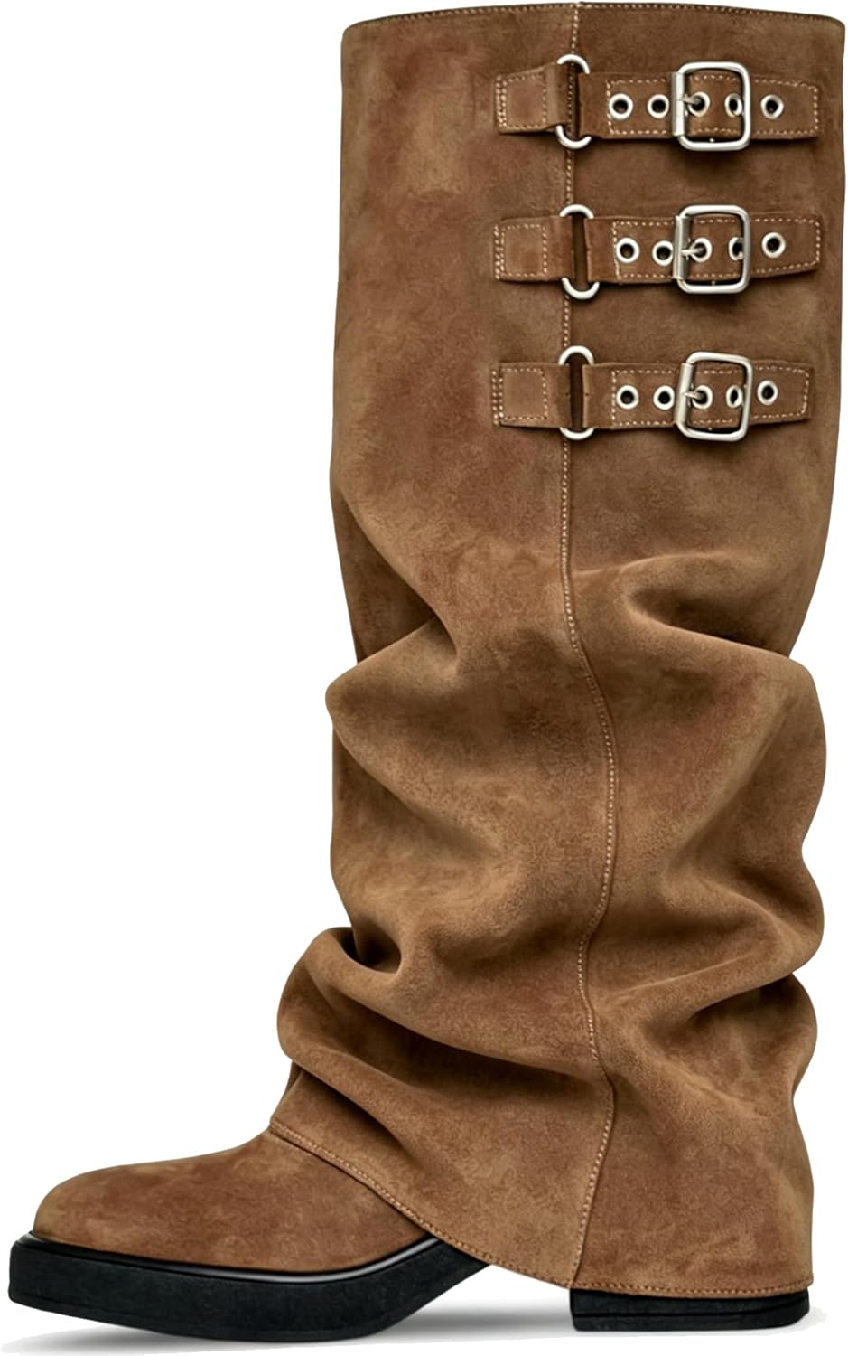 ClassicSter Fold Over Knee High Boots Slouch Boots for Women Chunky Goth Platform Boots,2 inch Heel Wide Calf Long Boots Square Toe Riding Boots