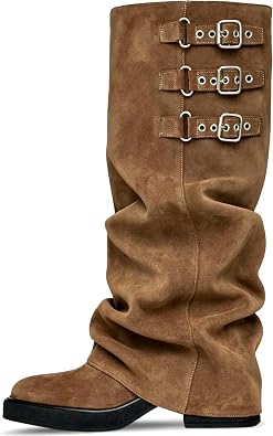 Fold Over Knee High Boots Slouch Boots for Women Chunky Goth Platform Boots | 2 inch Heel ,Wide Calf Long Boots,Square Toe Riding Boots,Fashion Tall Boots,Slouchy Boots,Comfortable Winter Boots