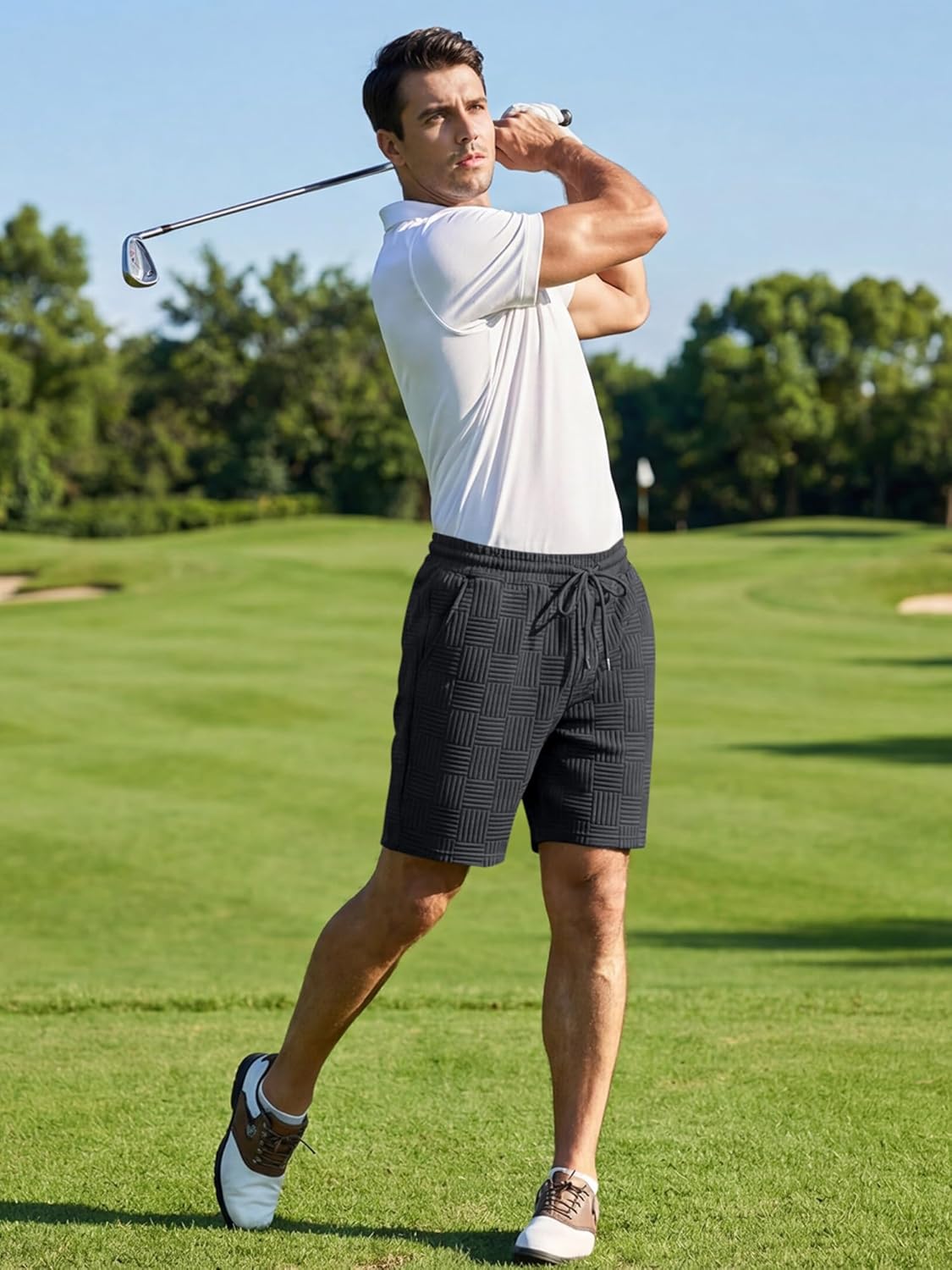 JMIERR Men's Shorts Casual Stretch Solid Short Elastic Waist Drawstring Lightweight Textured Summer Shorts - Image 6