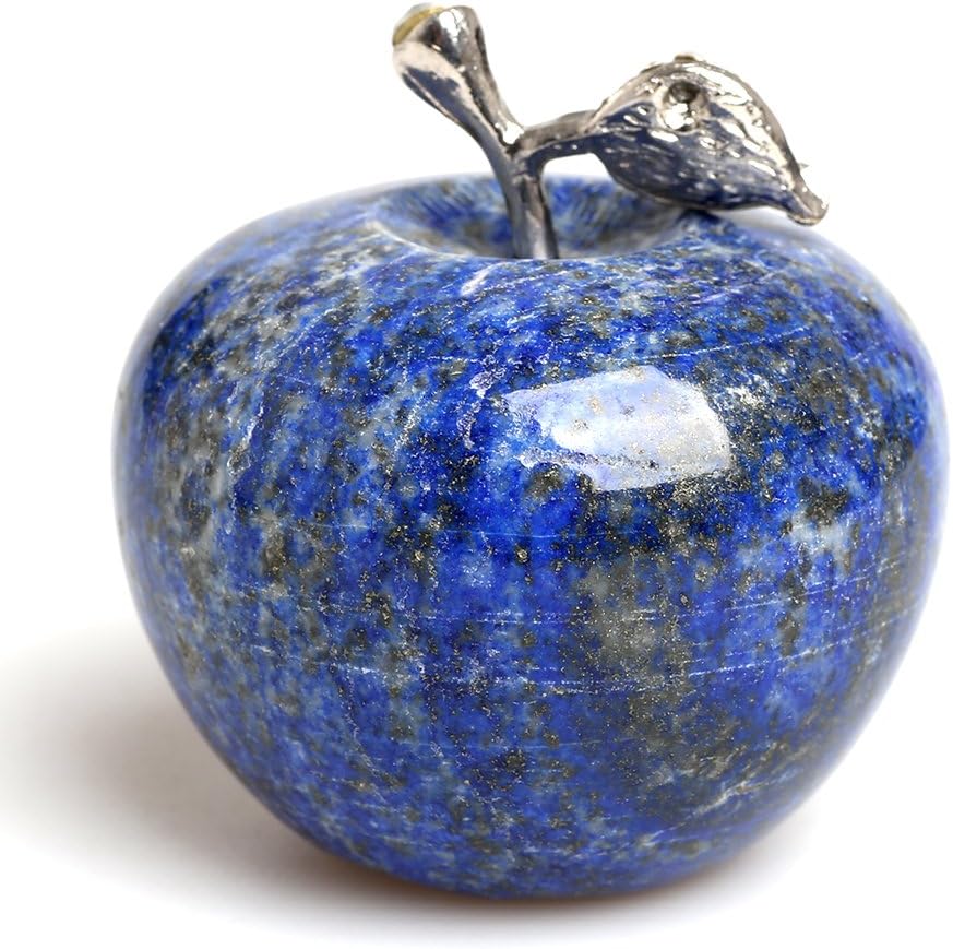 1.78 Inches Natural Quartz Healing Crystal Stone Craft Collection Red Apple Carved Figurine Statue Alloy Leaf Home Ornament Holiday Wedding Decoration (Blue)