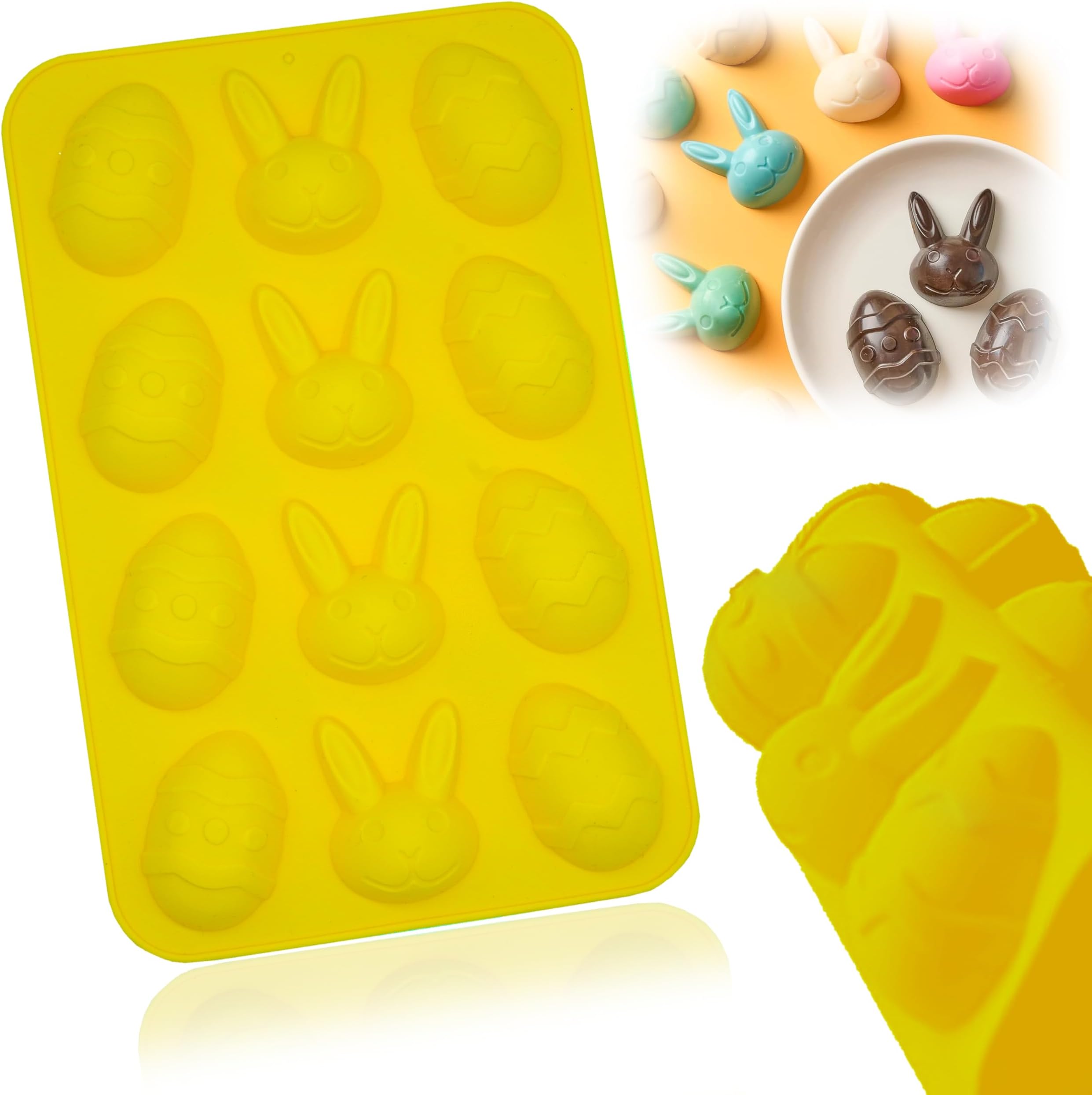 Easter Silicone Cake Mould Yellow, 12 Cavity Egg Bunny Shaped Non-Stick Baking Tray, Reusable Chocolate Candy Jelly Mold, Flexible Bakeware for DIY Easter Treats, 22.5cm
