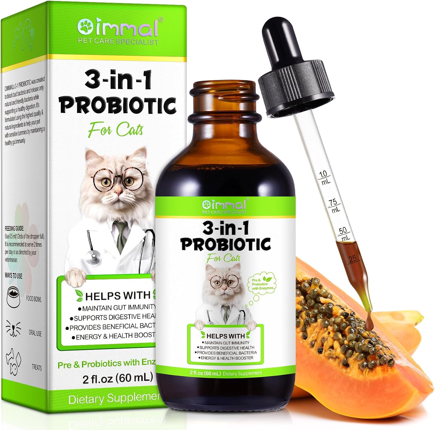 3-in-1 Probiotic for Cats – Prebiotic, Probiotic & Enzymes Liquid | Supports Gut Health, Immunity & Digestion | For Sensitive Stomachs | 60ml