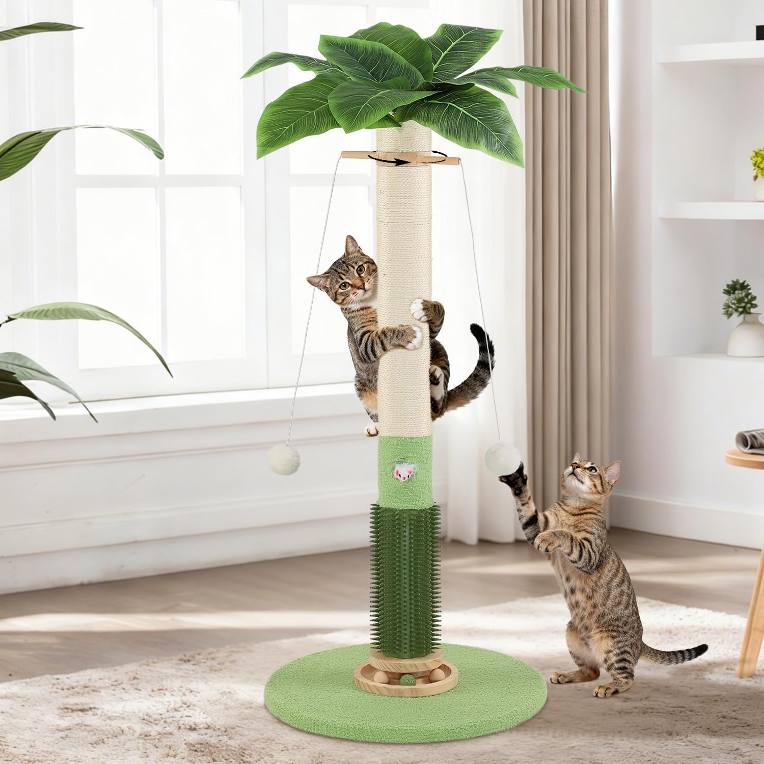 Cat Scratching Post,37.5” Tall Sisal Cat Tree Scratching Post for Indoor Cat,Cat Scratcher with Cute Mouse Hole Toy,Interactive Ball and Rotating Ball Self Groomer Brush for Kittens Adults Cat