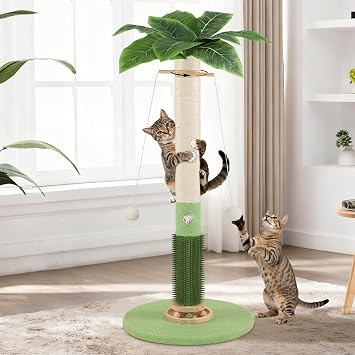 Cat Scratching Post,37.5 Tall Palm Tree Natural Sisal Scratching Post for Indoor,Stable Vertical Scratcher Tower with Mouse Hole Toy,Rotating Interactive Ball Self Groomer for Full Body Stretching