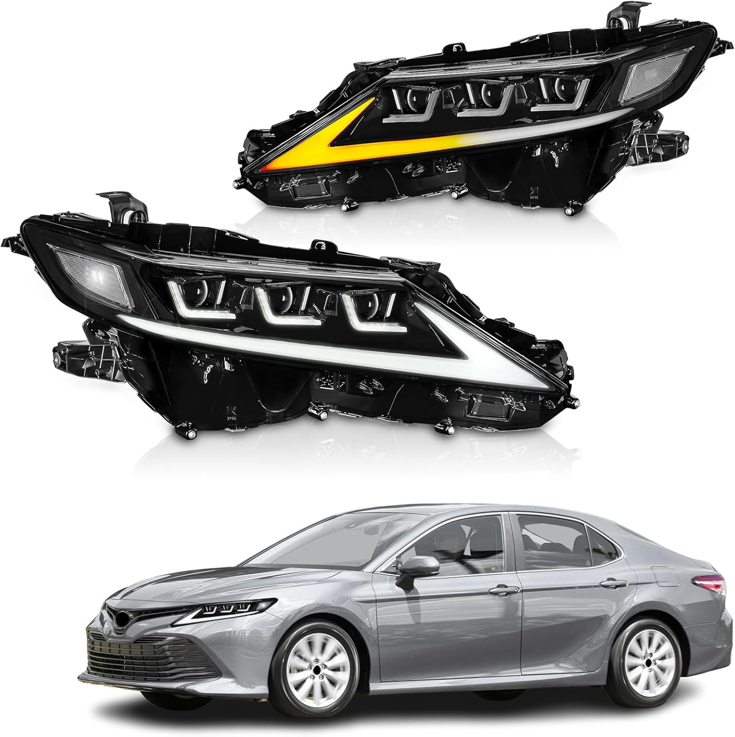 Archaic Headlights Assembly Compatible for Toyota Camry 8th Gen 2018 2019 2020 2021 2022 2023 [LE/SE/XLE/XSE/TRD],Camry Headlamps W Sequential Turn Signal,“L” shape Animated DRL,Pair