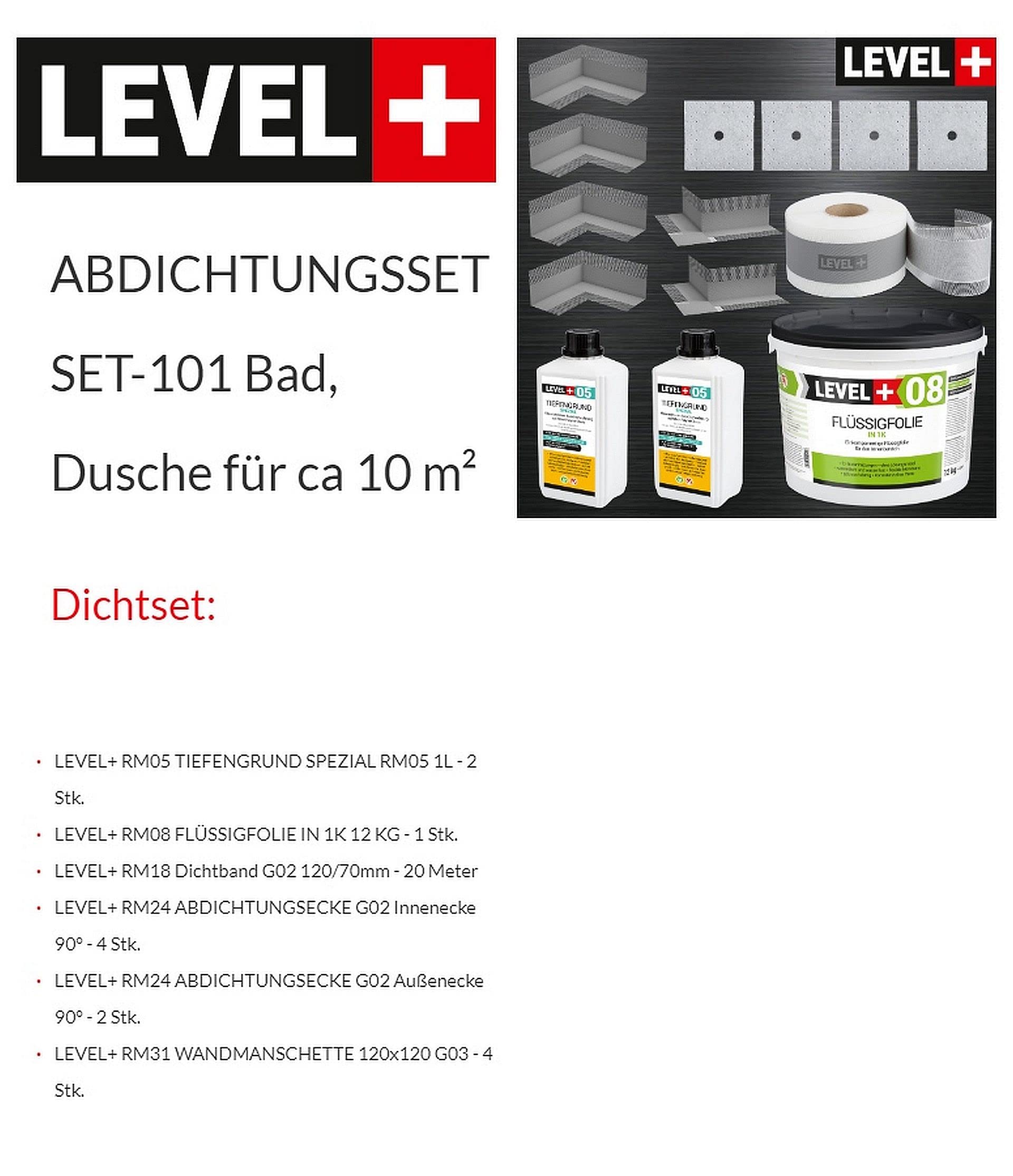 Dicht-Set Bandset Dusche Bad 12 Kg Flüssigfolie, 2L Tiefengrund 20m | Dichtband, 4 Innenecken, 2 Außenecke, 4 Wandmanschetten SET101