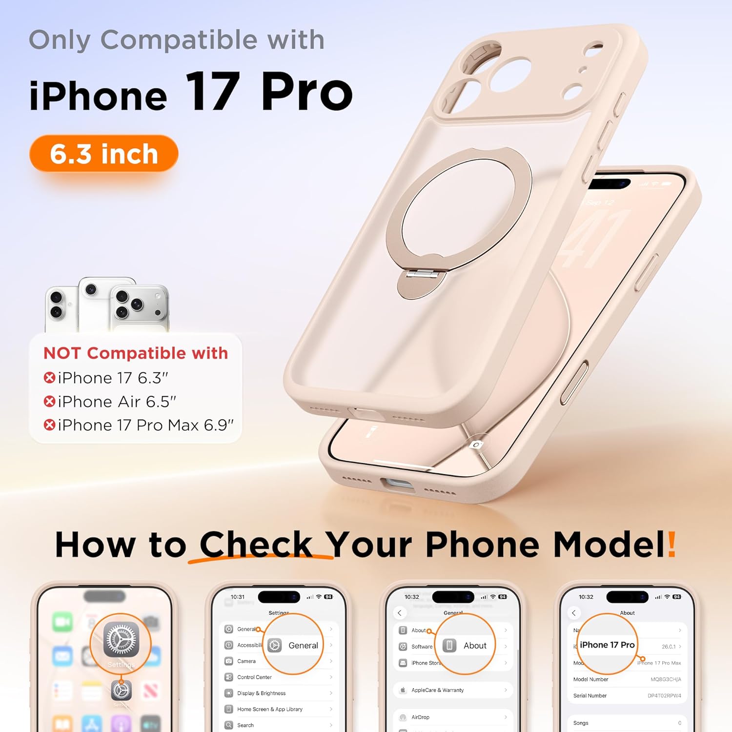 GolbinBox 360° Spin Magnetic Stand for iPhone 17 Pro Case, [Compatible with MagSafe] [Full Camera Protection] [16FT Military Drop Protection], Silm Translucent Matte Phone Case, Rose Gold