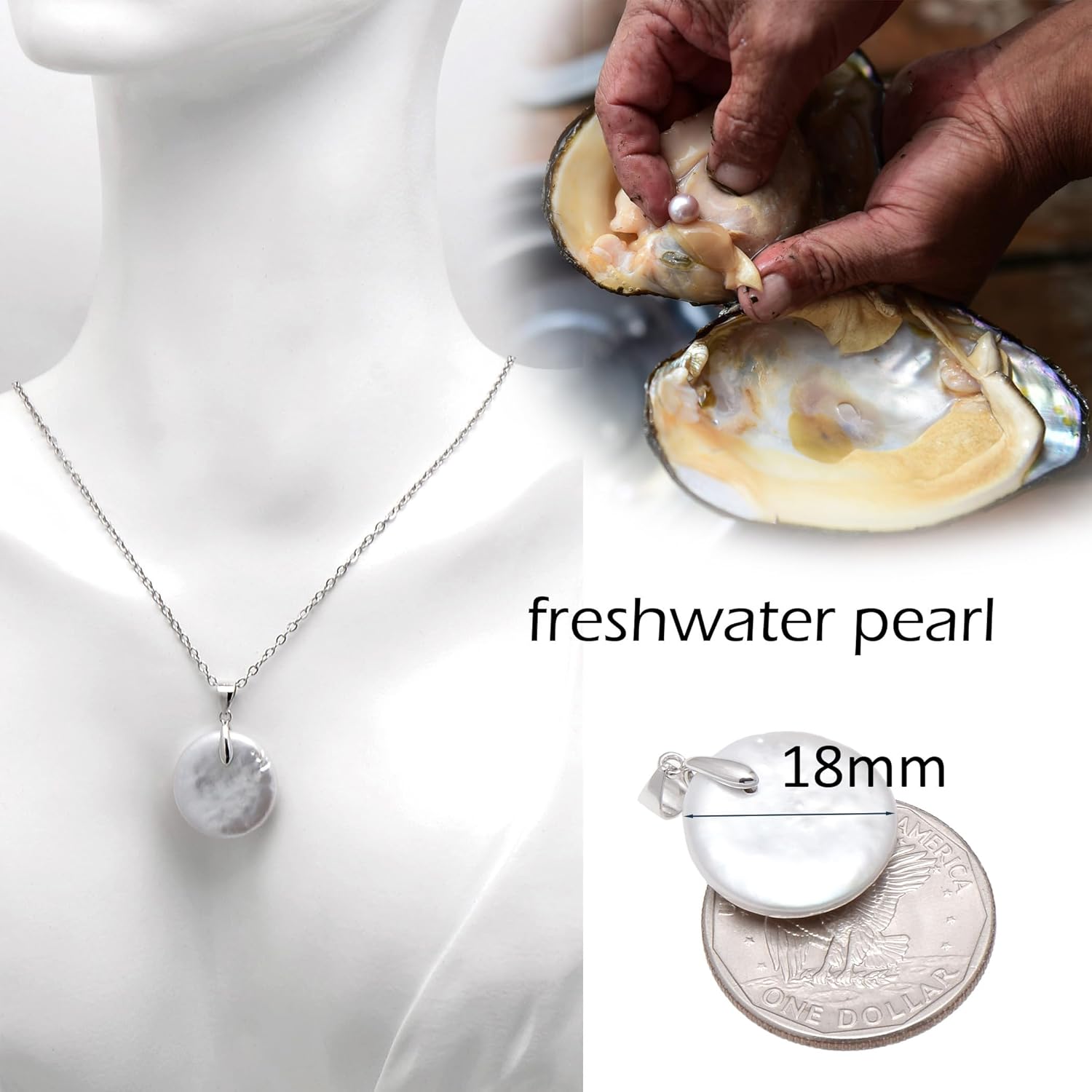 16-18 MM Coin Shaped Freshwater Pearl Sterling Silver Pendant Necklace for Women - Image 5