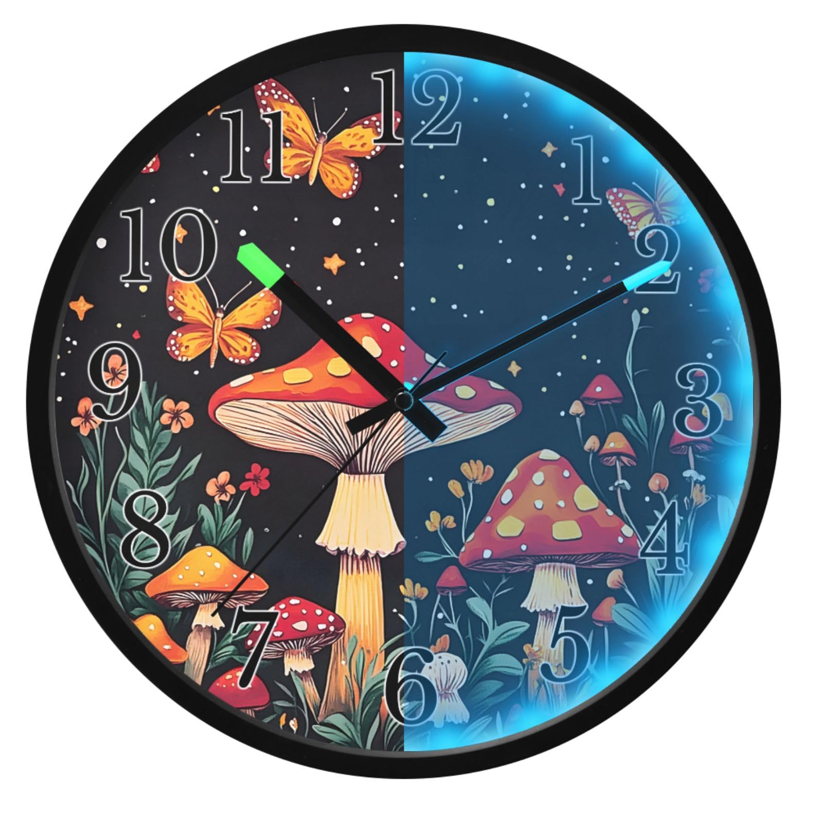 Mnsruu Reloj de pared luminoso con diseño de seta, mariposa, luna, reloj de pared que brilla en la oscuridad, funciona con pilas, 12 pulgadas, silencioso, sin tictac, luz nocturna para dormitorio