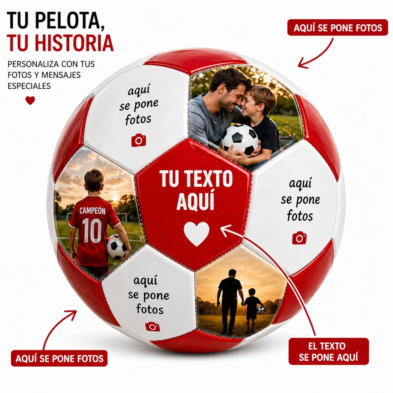 Balon de Futbol Personalizado con Fotos y Textos, 19 Fotos + 12 Textos, Regalo Original para Padres, Ninos y Entrenadores