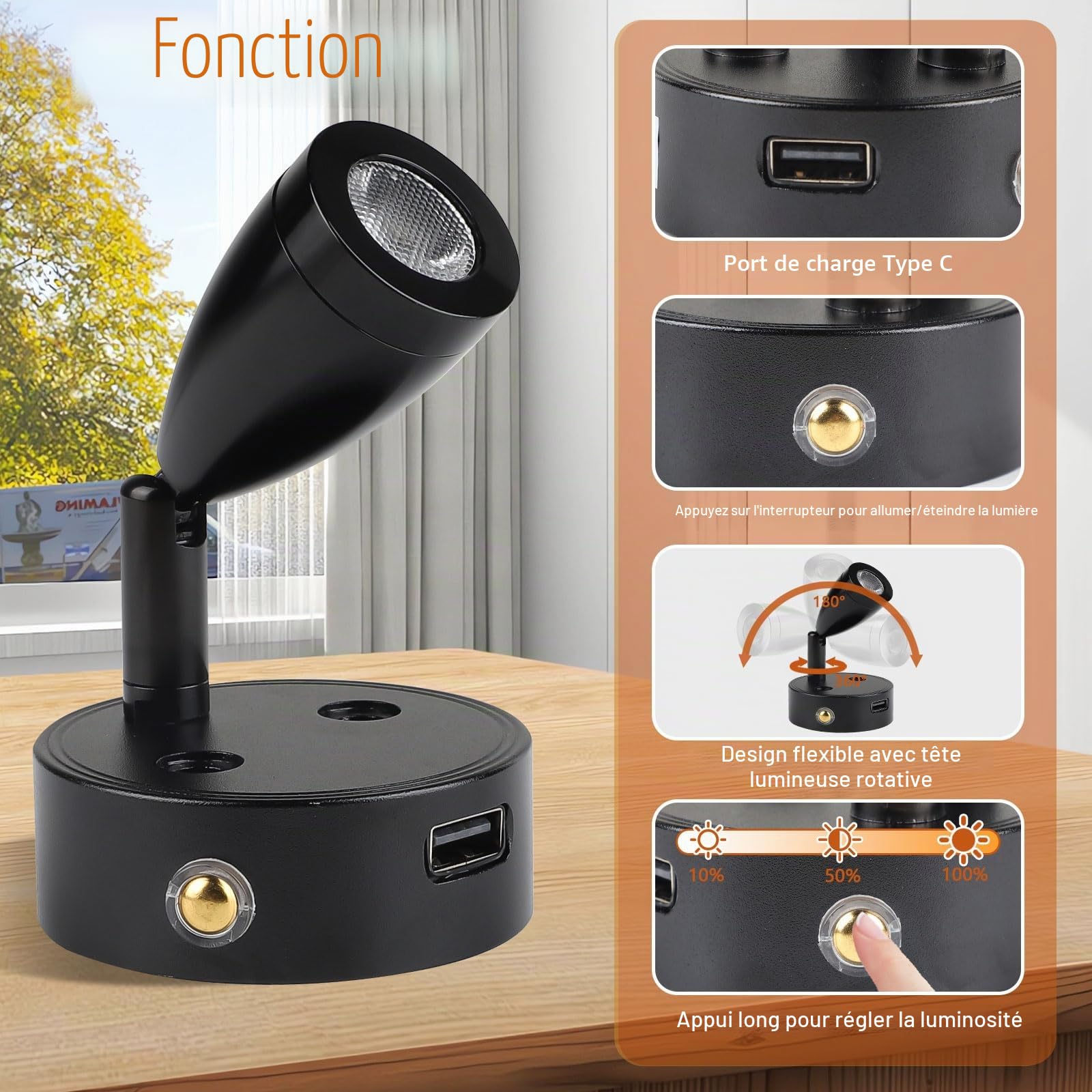 CPROSP Lot de 2 Lampe 12v led Camping Car à intensité variable avec USB 3-6000 K, spot LED 3W 12 V Lampe de lecture pour Intérieur Lumière LED Interrupteur réglable, 180 lm, 59 x 97 mm, noir