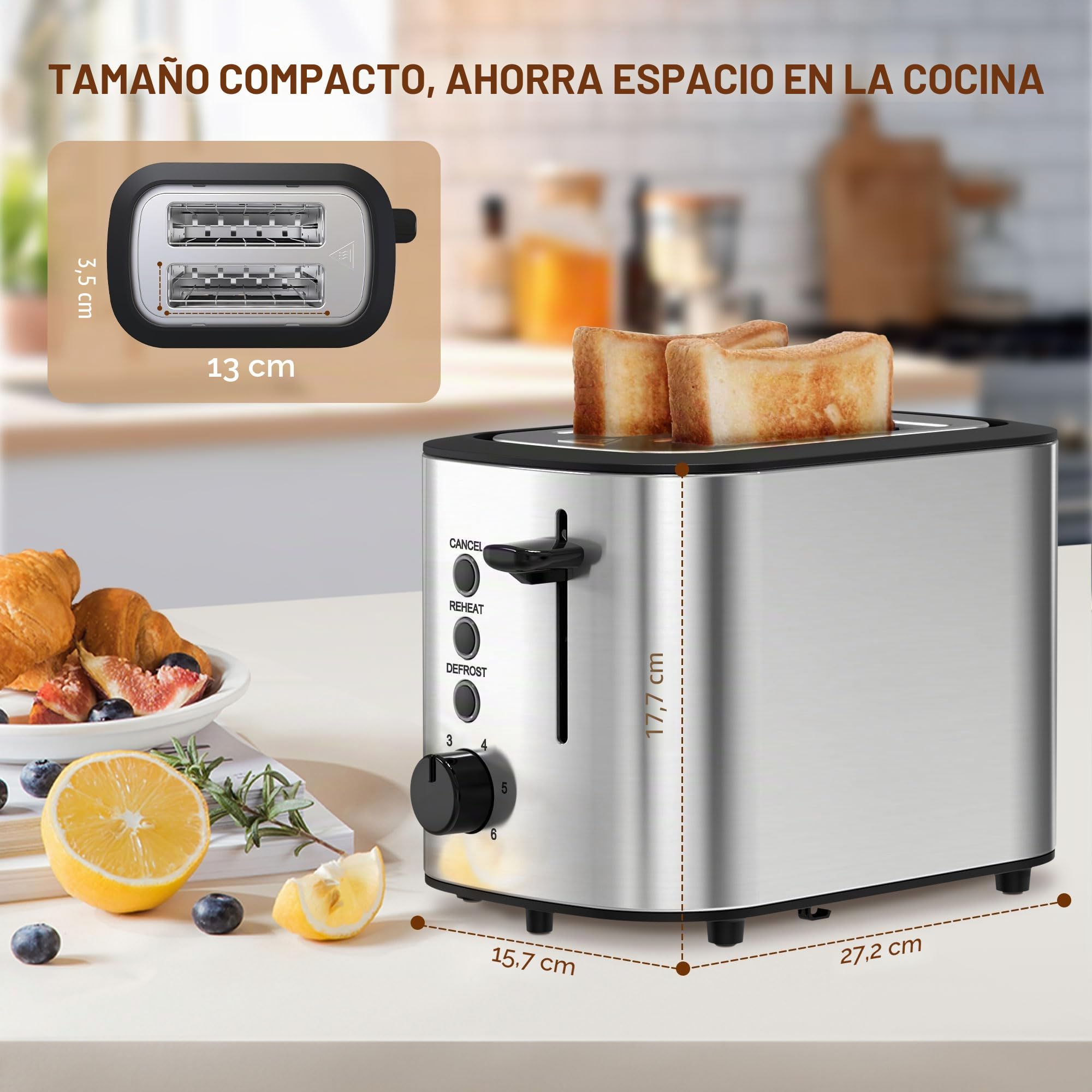 KitchenBoss Tostadora con 2 Rebanadas de 870 W: Tostadora de Acero Inoxidable con Accesorio para Panecillos y Bandeja Recogemigas, 6 Niveles de Tostado