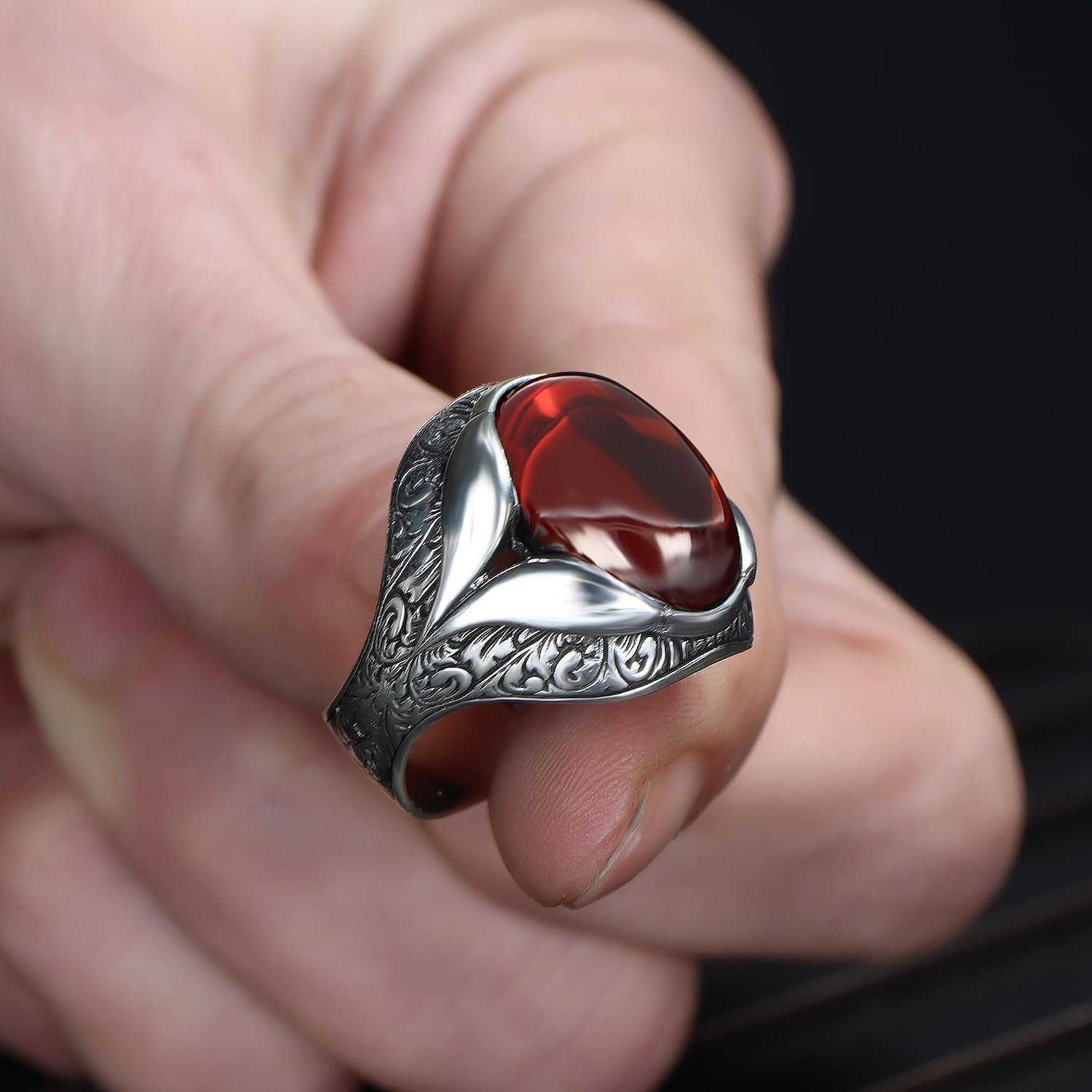 BayVog 925 Sterling Silver Garnet Stone Men's Ring, Handmade Silver Ring for Men, Hand Engraved Silver Gemstone Ring, Garnet Stone Silver Ring, January Birthstone Rings, Men Silver Ring, Men's Ring