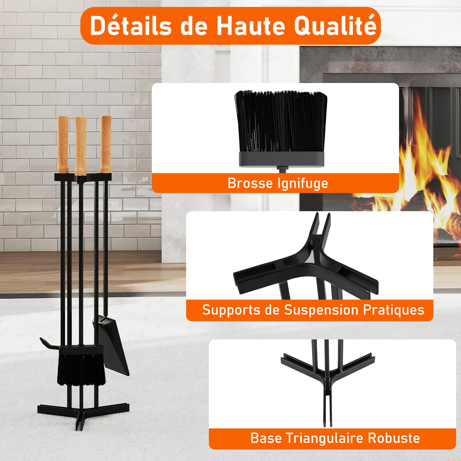 COSTWAY Serviteur de Cheminée 4 Pièces en Fer Forgé Durable et Robust, Accessoires de Cheminée Compact pour Poêle à Bois en Forme de Canne, Noir (4 Pcs)