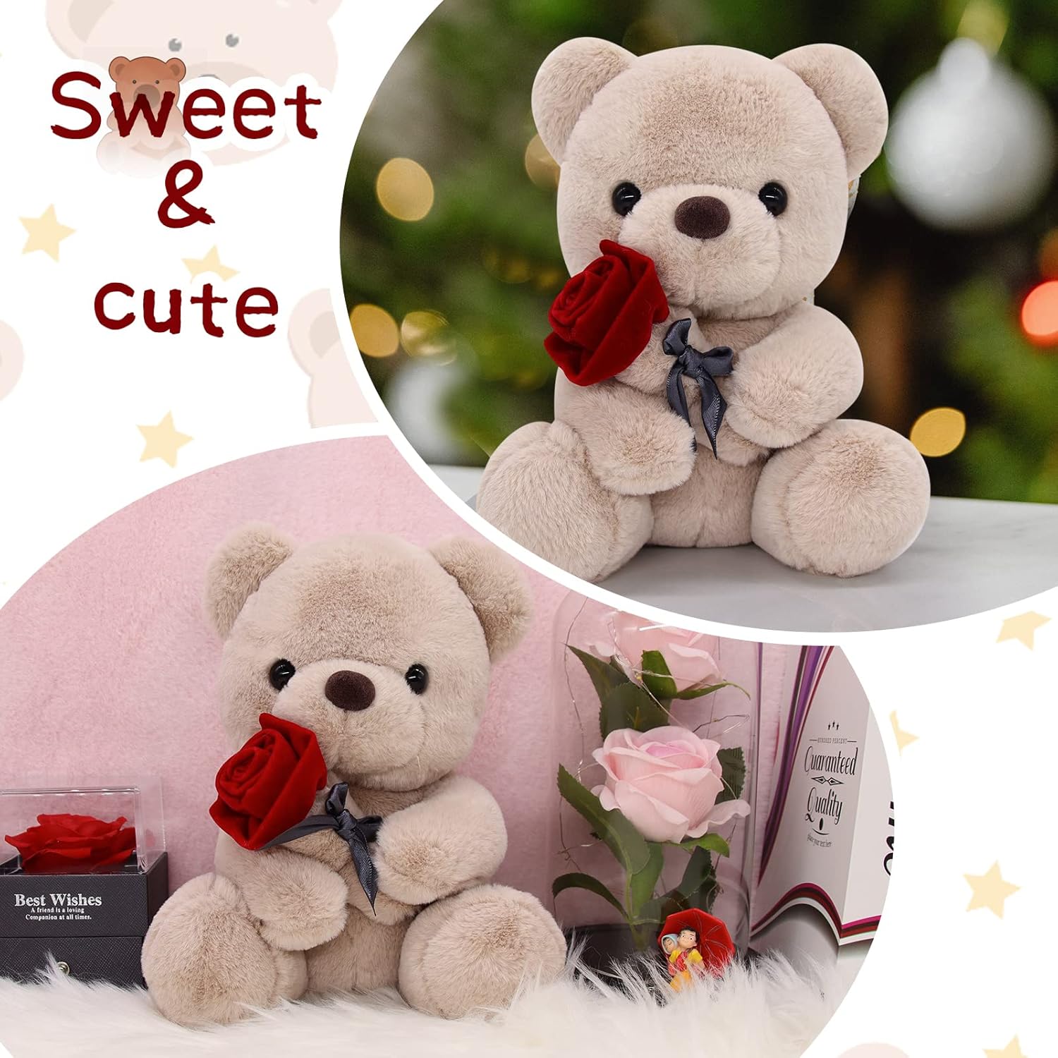 Teddy Bear Plush, 9 Inch Cute Brown Teddy Bear Stuffed Animals with Rose, Mothers Day Stuffed Animal for Mom, Kawaii Stuffed Bear Gifts for Mom Girlfriend Boyfriend