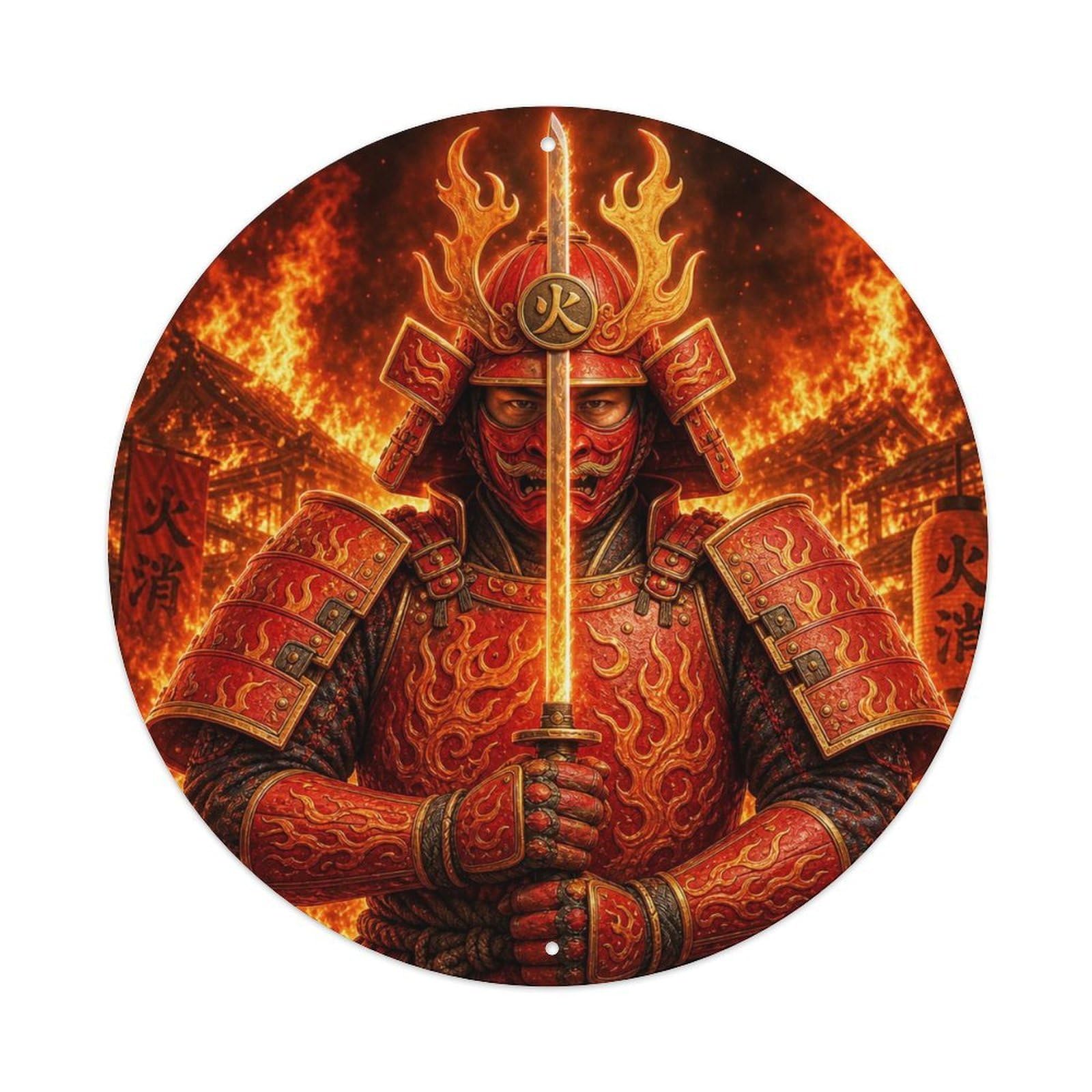 Okngb Style Vermillion Grip Fire Frontal Two Hand Dark Ronin Crest Metal Tin Sign Plaque Wall Decor For Cafe, Man Cave, Club Bar, Office, Home Garden Round Metal Poster 8X8inch