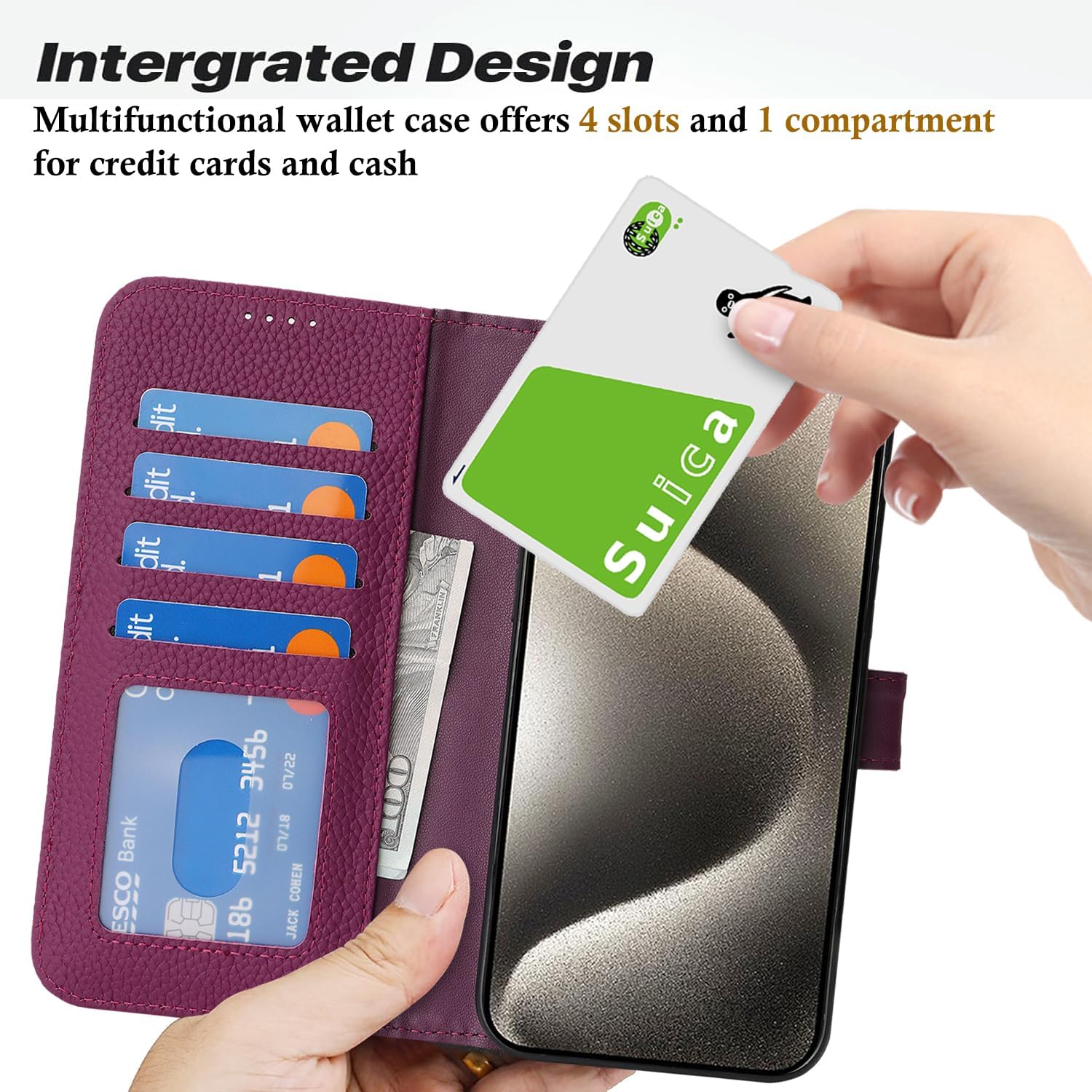 Zouzt Case for iPhone 15 Pro Max 6.7" Genuine Leather Wallet Case with 4 Card Slot, RFID Blocking Card Holder Magnetic Flip Folio Shockproof Phone Cover Women Men for iPhone 15 Pro Max - Rose Purple
