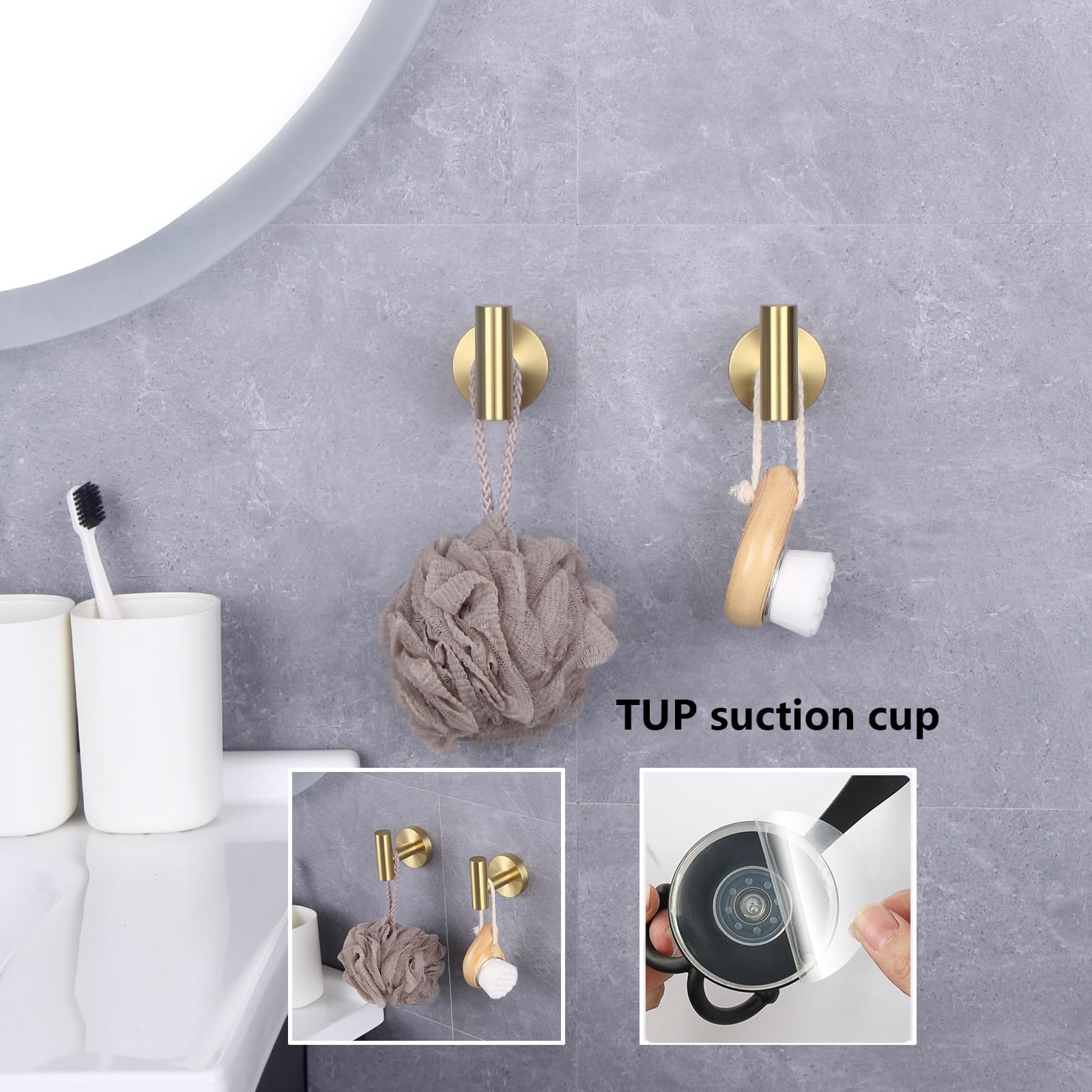 Boxonly Heavy Duty No-Drill Stainless Steel Suction Cup Coat Hook, Bathroom and Kitchen Towel Hooks, Gold - Image 2