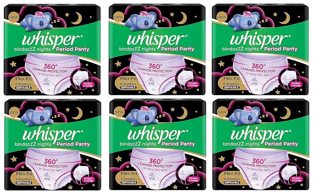 Whisper Bindazzz Nights Period Panty 6+6+6+6+6+6 units (pack of 6) Ultimate Protection & Comfort, Locks Odour & wetness, Cotton like soft top layer, Disposable Wrapper (B0DDPMD6CP) Amazon Price History, Amazon Price Tracker
