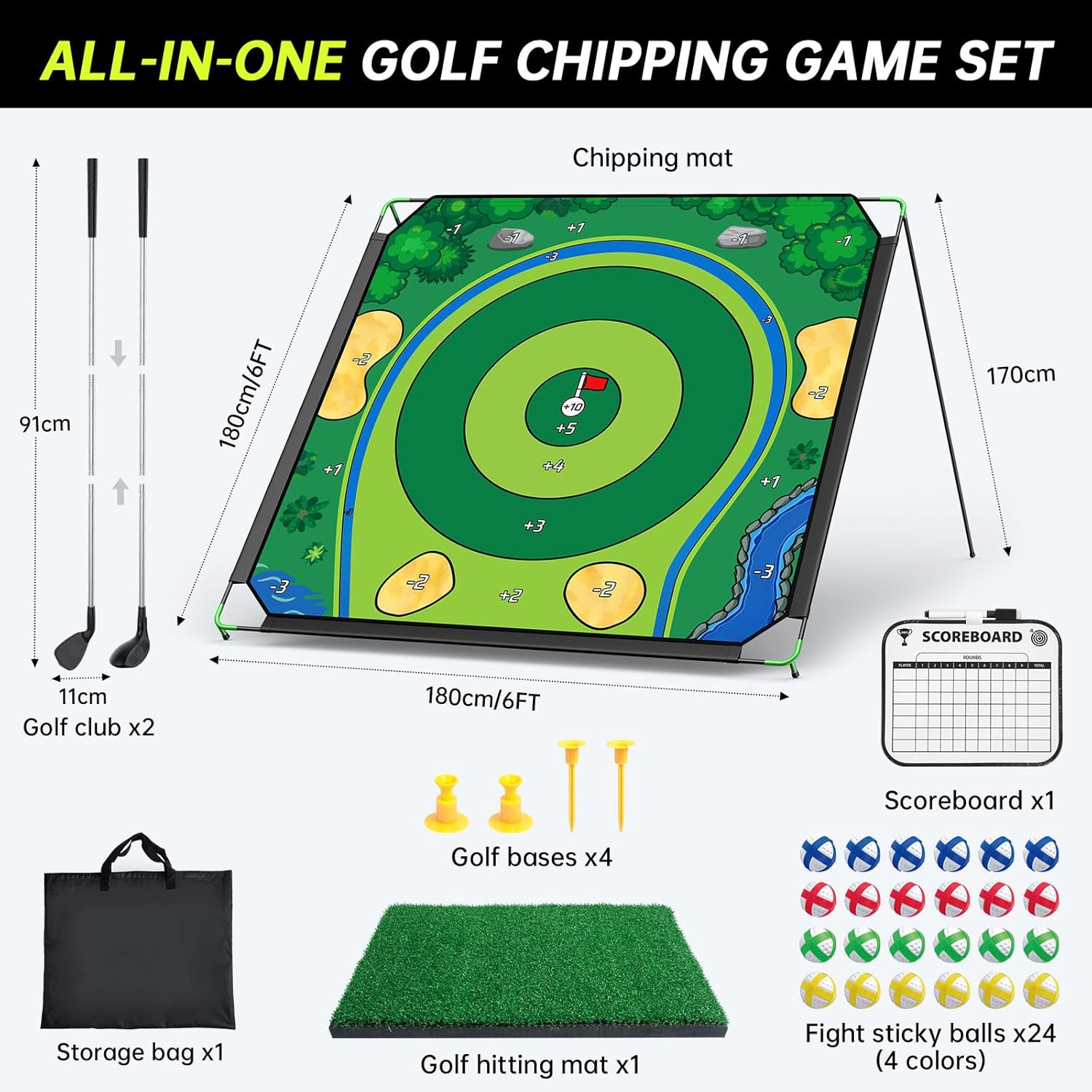 IGRL Golf Chipping Game Set, 71 X 71 in Large Golf Practice Mat with 2 Adjustable Clubs, Hitting Mat, 24 Sticky Balls, 2 Golf Tees, Scoreboard & Carry Bag, Indoor Outdoor Training Game for Adults