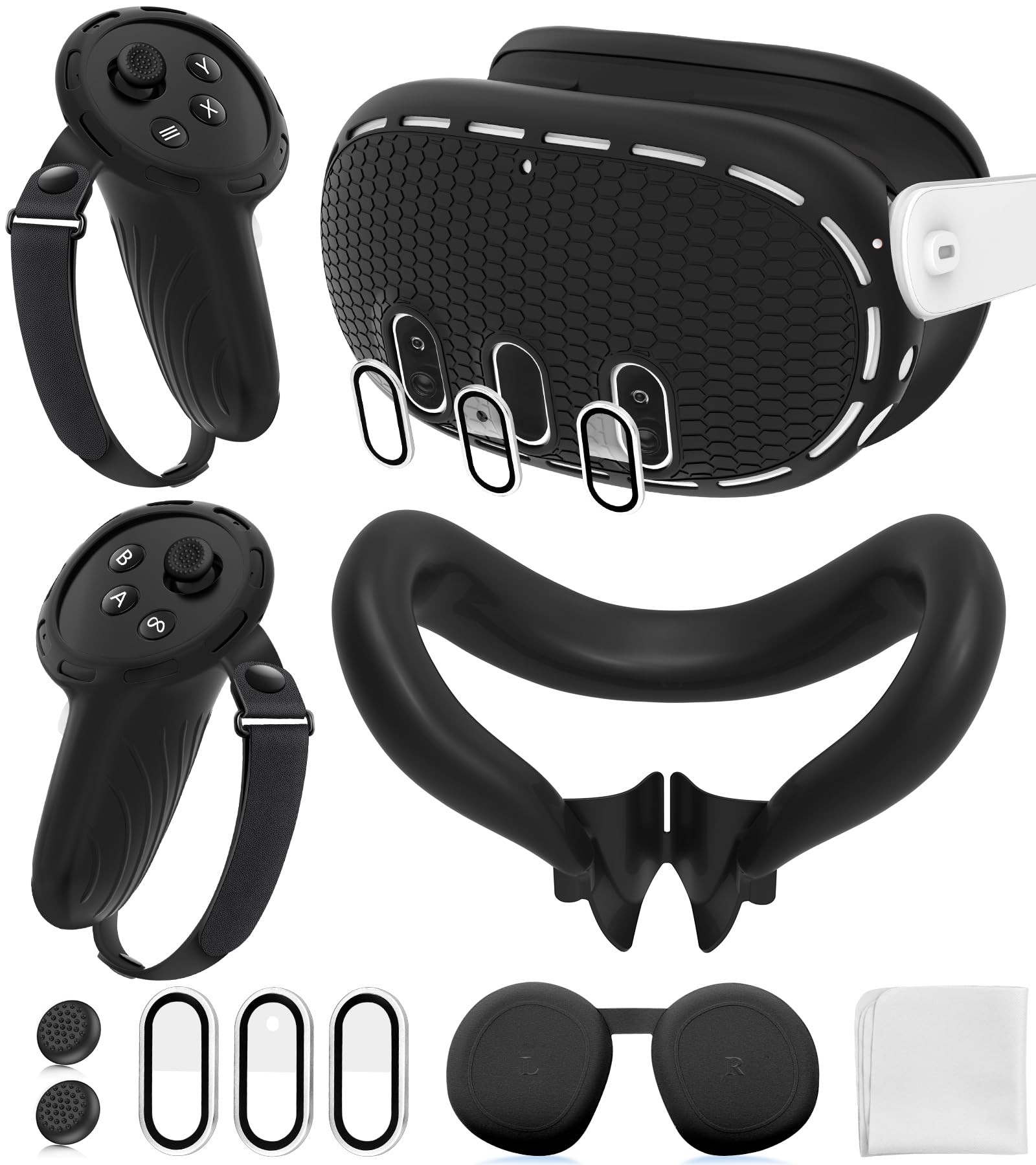 Silicone Cover Set Compatible with Meta/Oculus Quest 3 Accessories, Controller Grips, VR Shell Cover, Facial Interface Cover, Protective Lens Cover, Tempered Glass Lens Caps, Not Fit Quest 3S