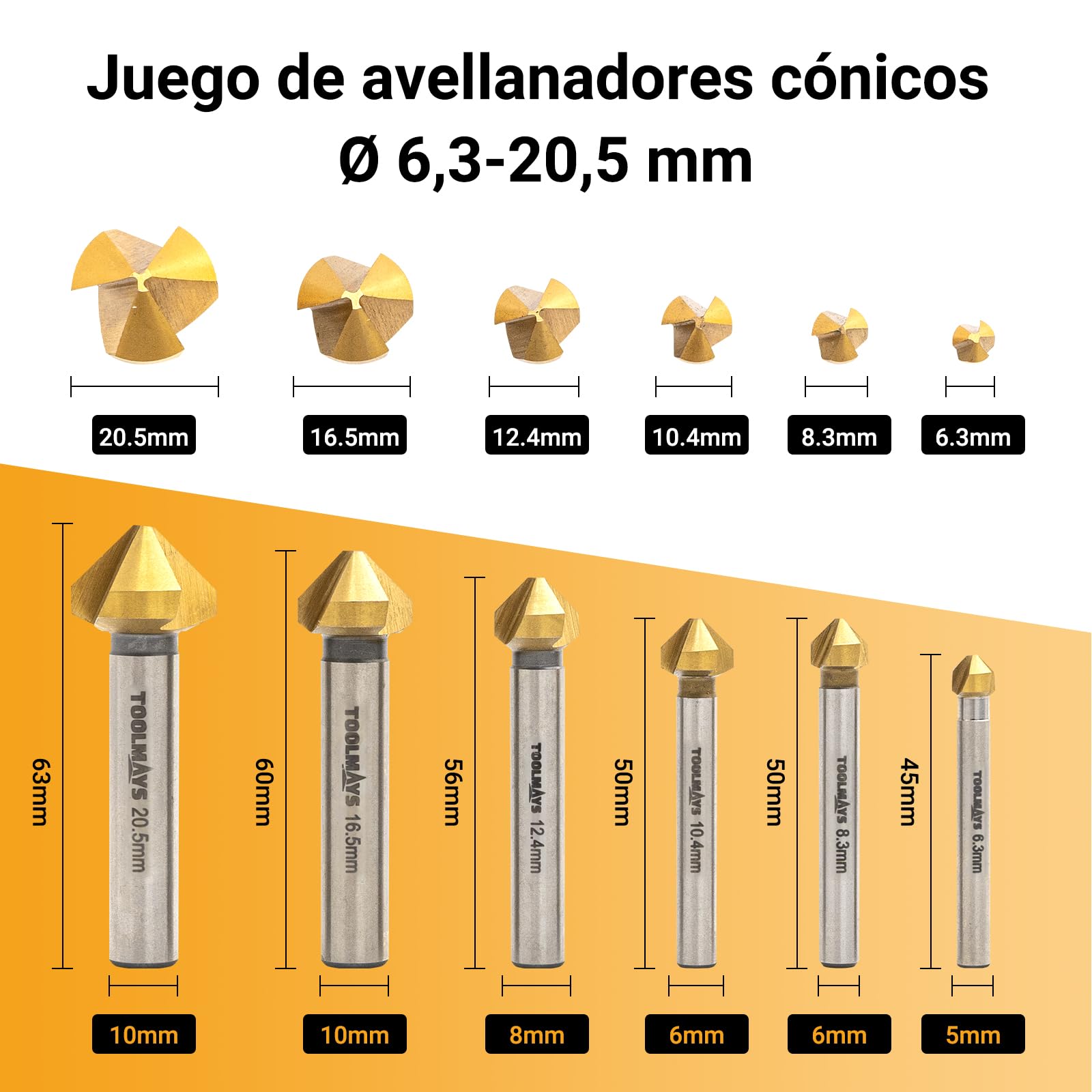 Avellanador Para Metal HSS 6 piezas, 90° Avellanador Madera con recubrimiento de TiN, Ø 6,3-20,5 mm, Broca Aavellanadora Madera para Metal y Plástico