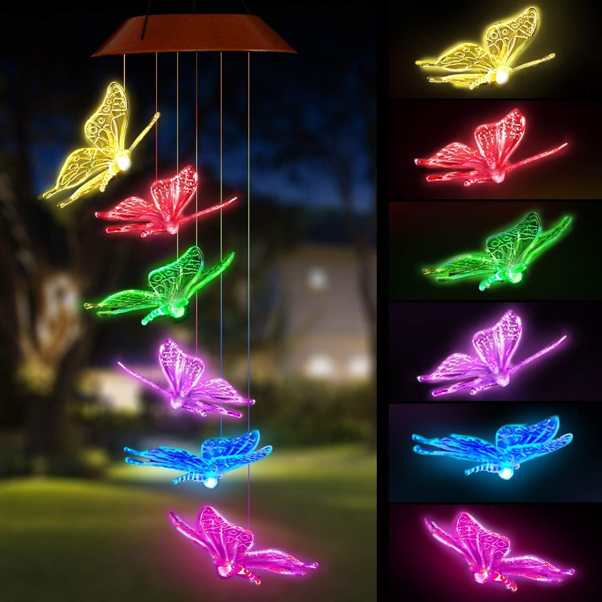TDA Solar Wind Chimes Light Outdoor Changing Color Decorative Mobile Portable for Patio Walkway Pathway Backyard Landscape Decoration (Transparent Butterfly)