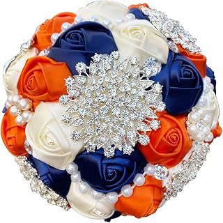 Sharebeauty 7.9 Inch Handmade Satin Rose Bridal Bouquet Toss Round Wedding Bouquet Throw Toss Artificial Flower Bunch Navy Blue + Orange + Ivory