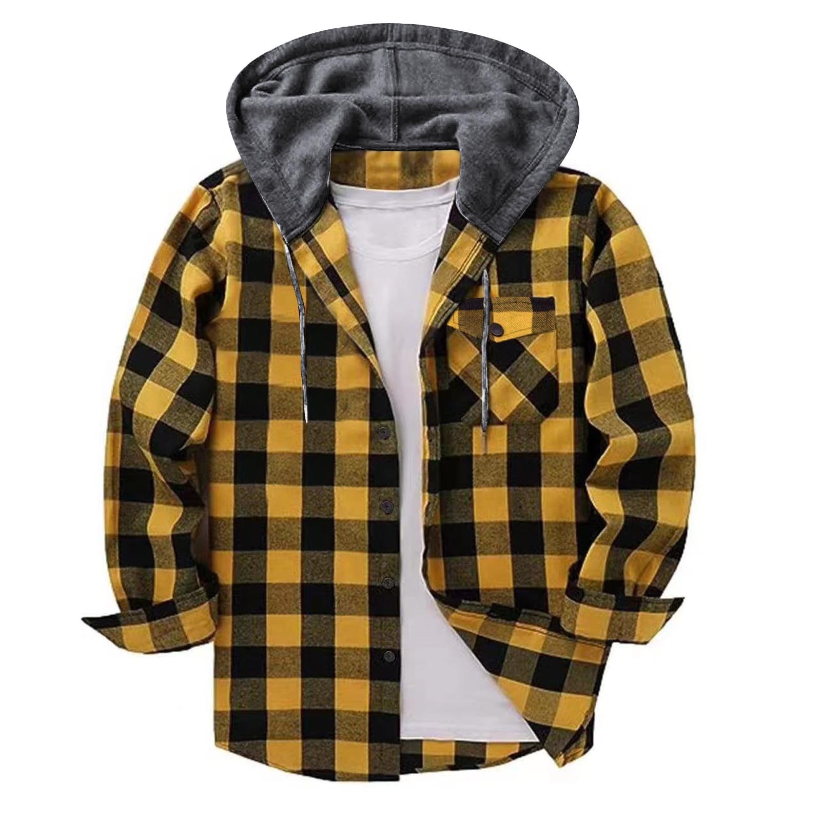 Shirts for Men Long Sleeve Fashion Casual Button Down Plaid Shirt Drawstring Hooded Jackets Lightweight Shacket 2026 — view 15