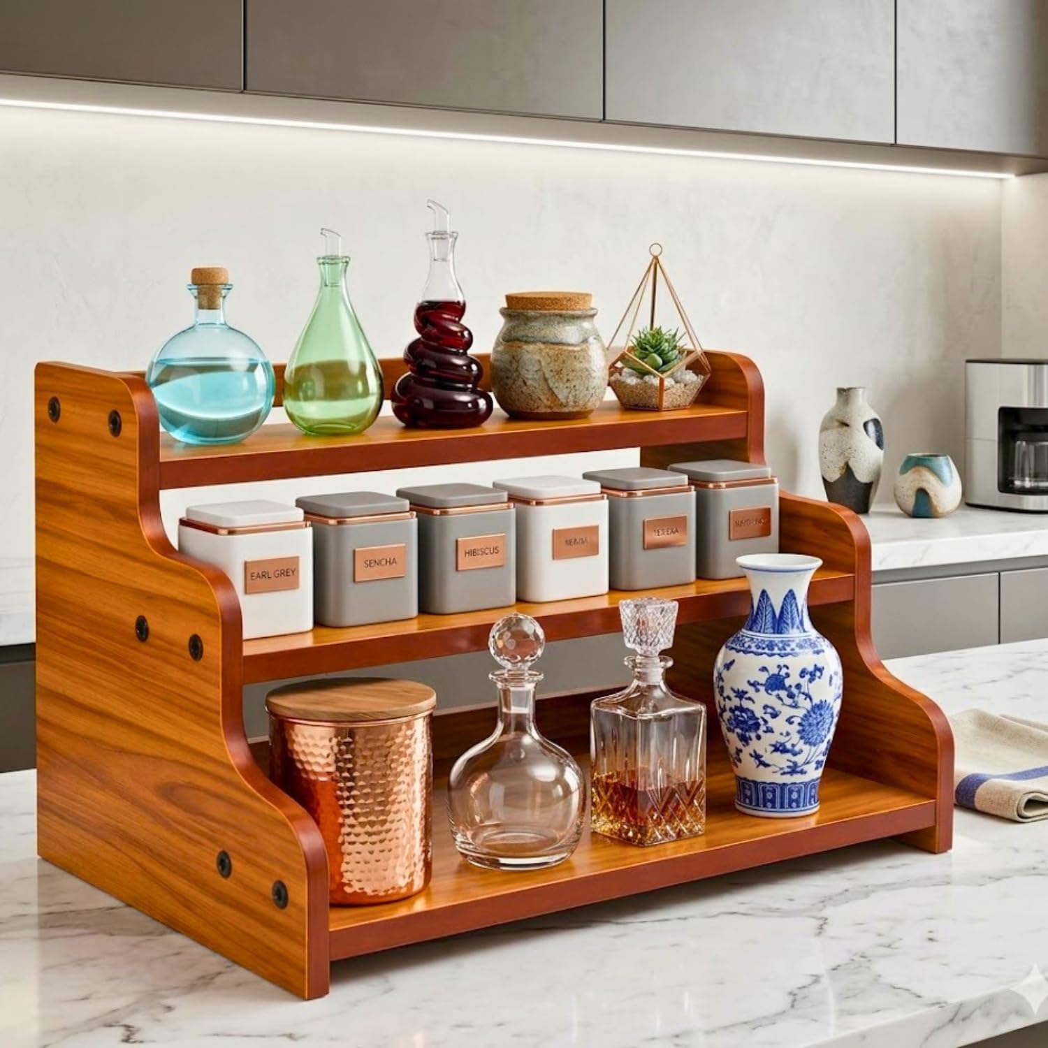 3-Tier Wooden Countertop Spice Rack Organiser, Brown | Stepped Shelf Design, Kitchen Storage, Countertop Display, Sturdy Wood Build, Multi-Purpose Use-image-3