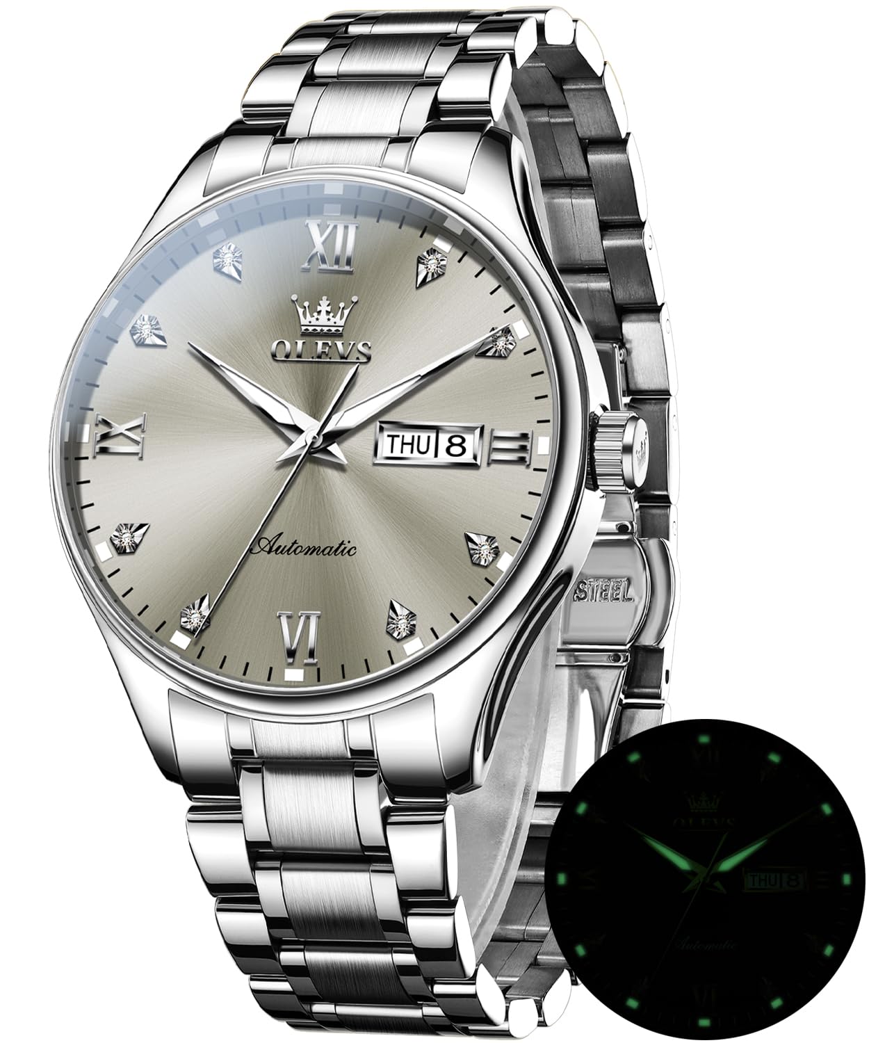 OLEVSAutomatic Watches for Men Self Winding Mechanical Wristwatch Luxury Business Dress Stainless Steel Luminous Waterproof Calendar Mens Watch