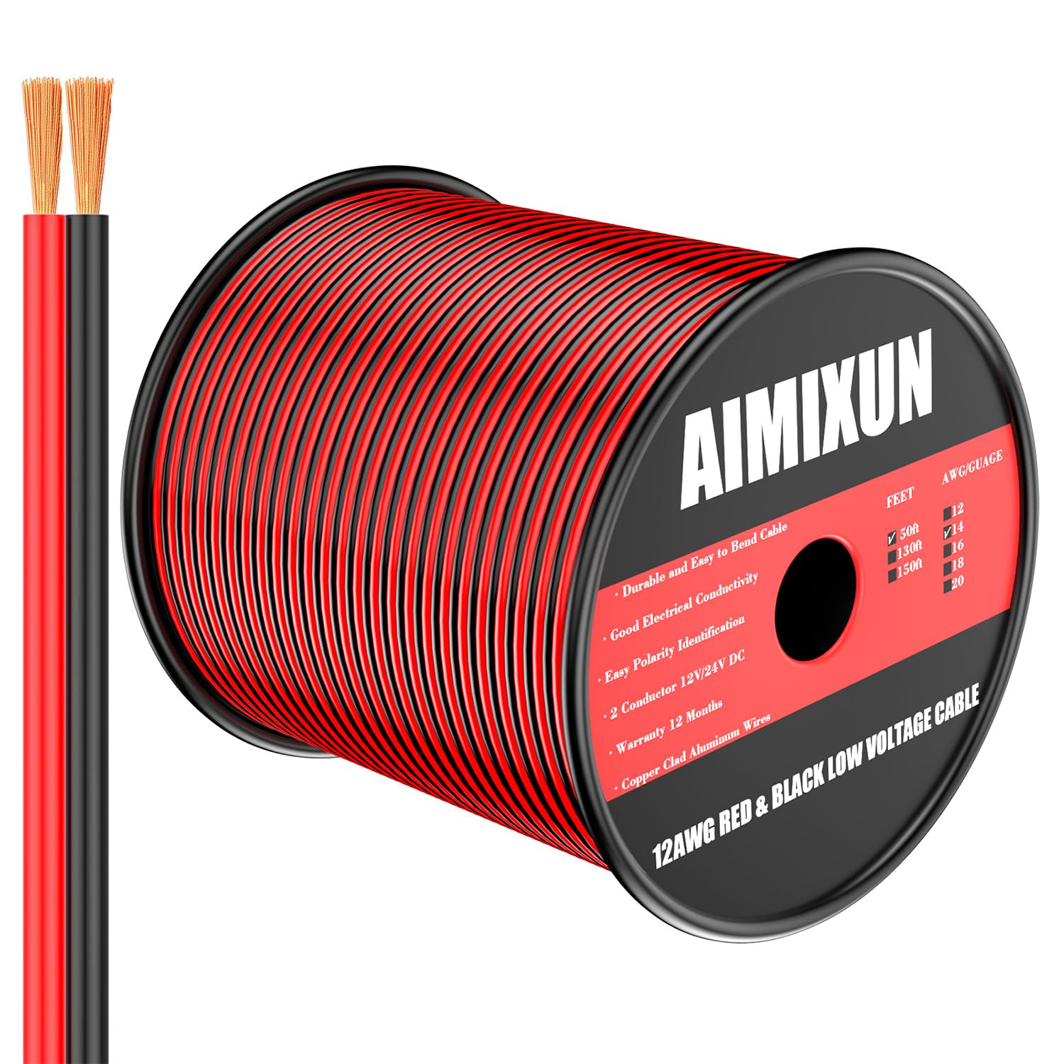 AIMIXUN 14 Gauge Wire Electrical 50FT, Red and Black Cable 12V 14 AWG Wire 2 Conductor Parallel Wire Line Hookup LED Lighting Strips Flexible Wire Extension Cord 14 Gauge Stranded Wire 12V/24V