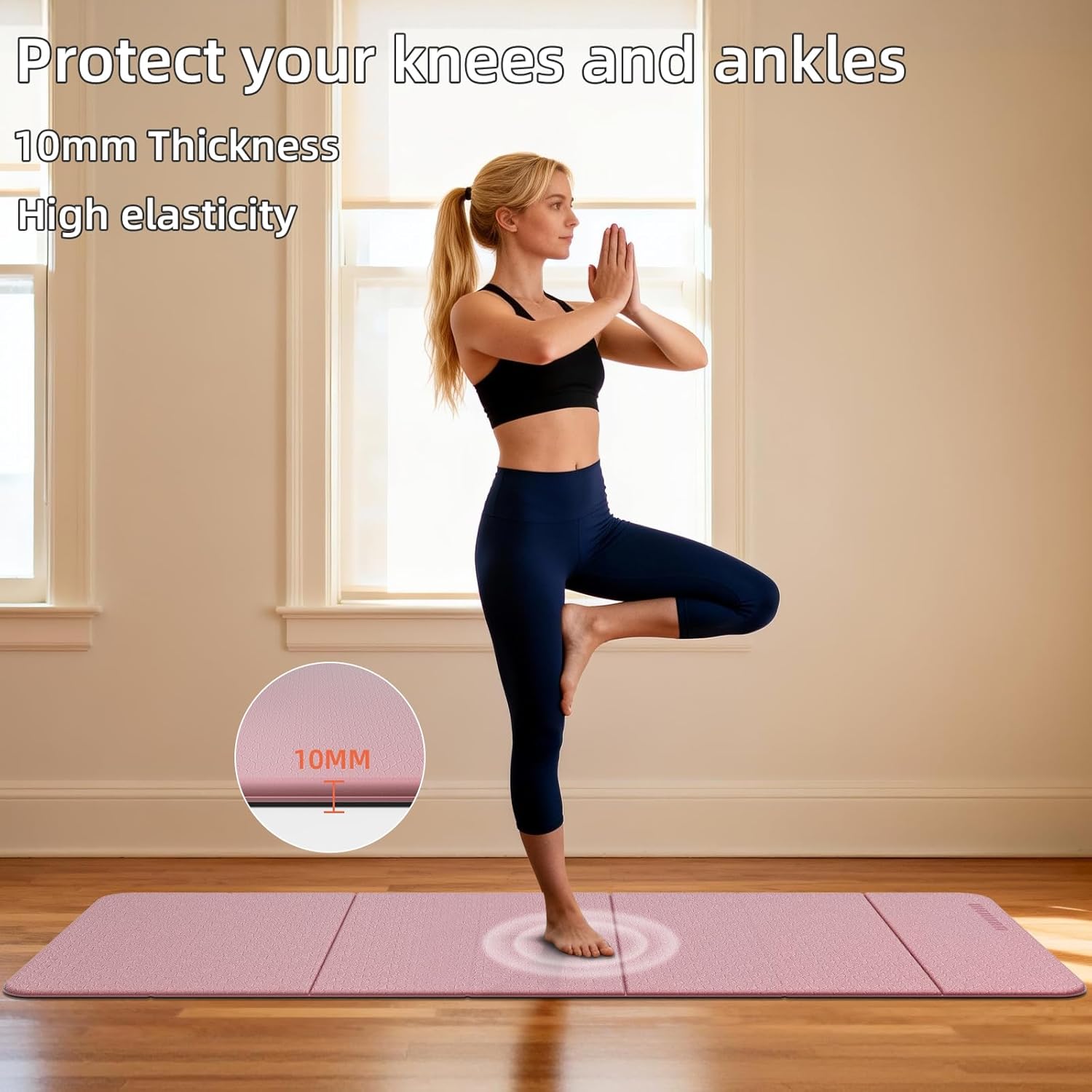 Foldable Yoga Mat Thick 10mm-WUWAN Extra Large Exercise Mat, TPE Material, Non-Slip Fitness Folding Mat Easy to Carry, Suitable for Home Workout Travel Pilates (75" x40",2/5") (Blue) - Image 5