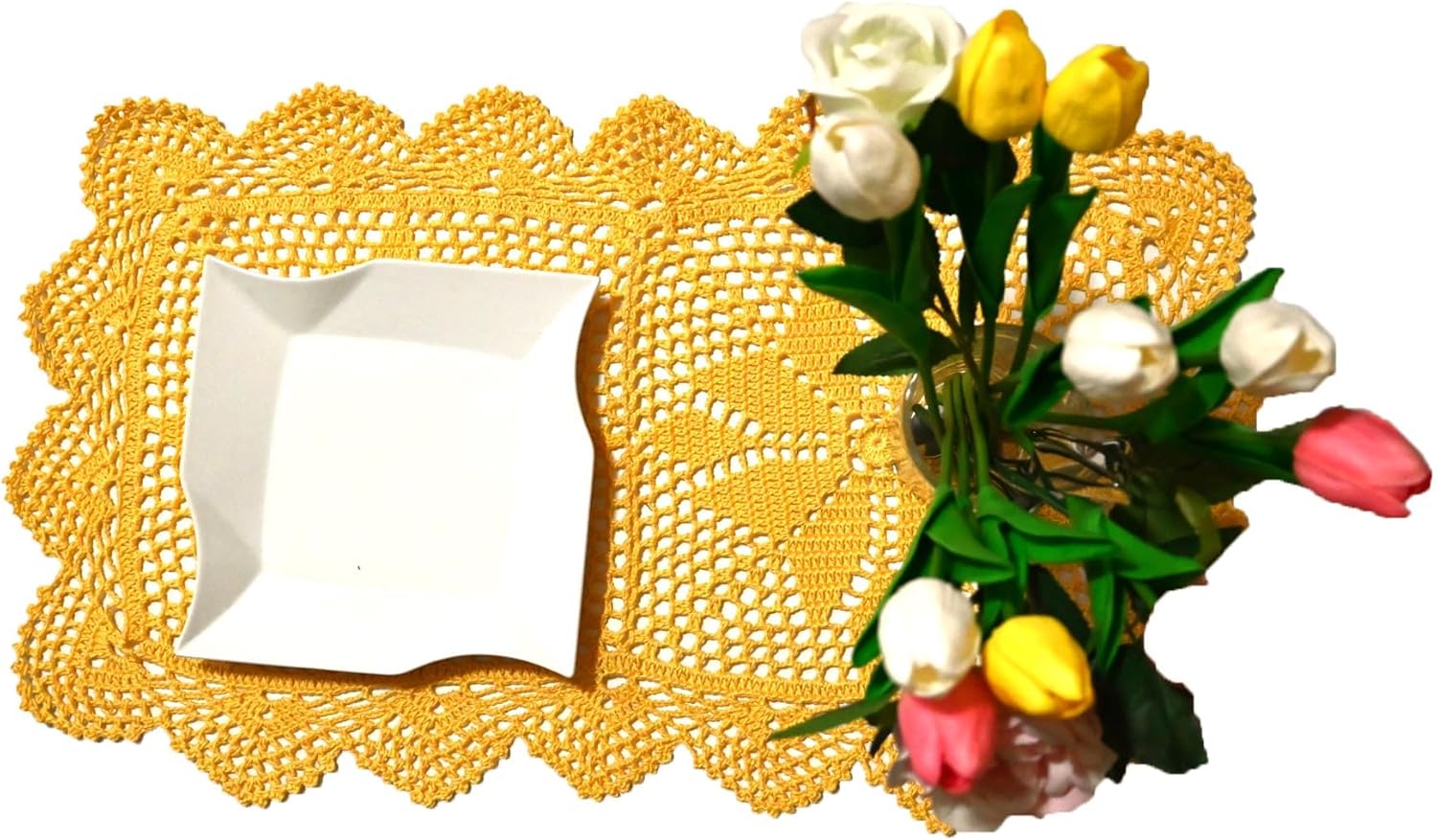 BIBITIME 12 in x 21 in Handmade Crochet Table Runner Lace Doilies Doily Rectangle Dresser Scarves Kitchen Tablecloth (Rectangle-2PCS, Yellow)
