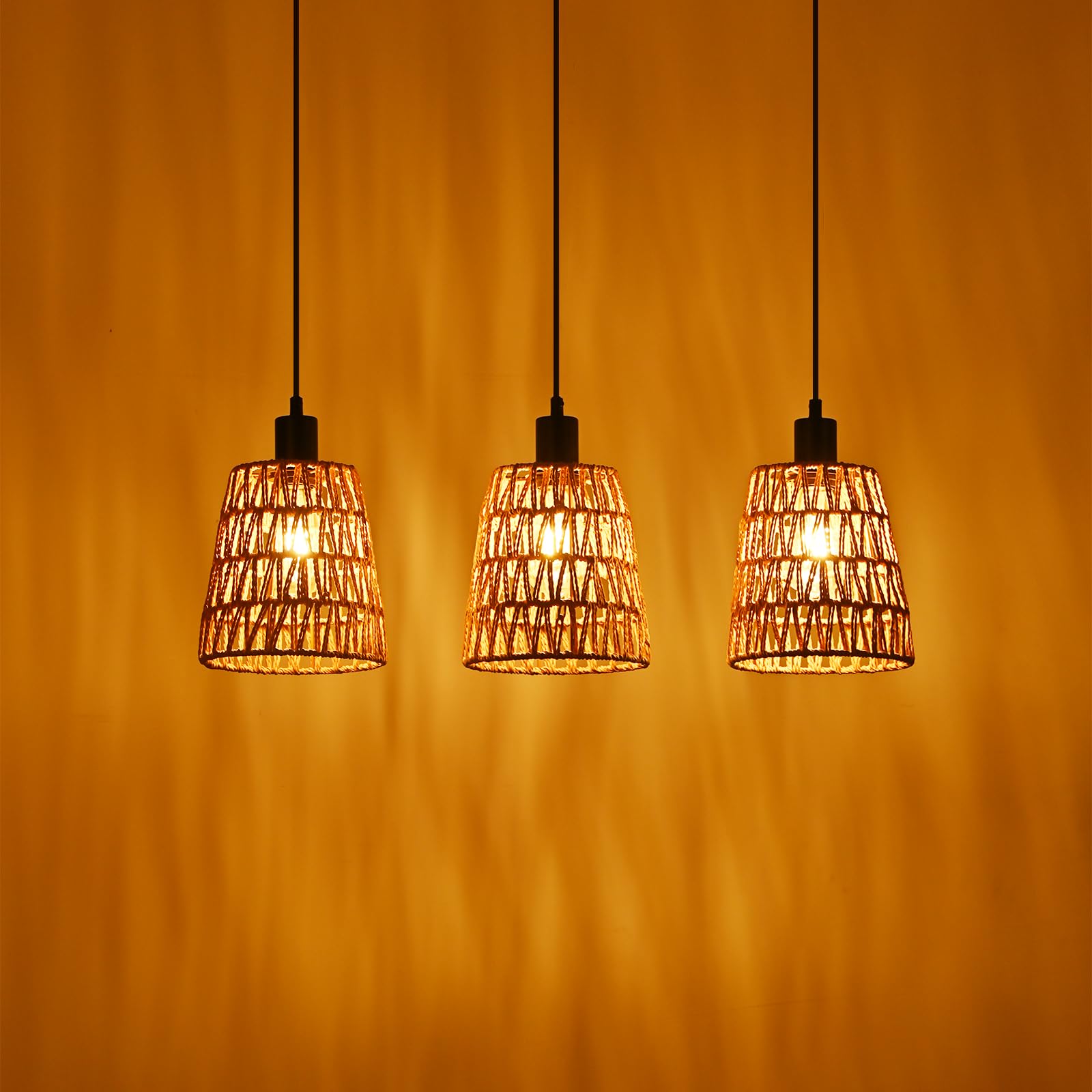 Hängelampe Boho Pendelleuchte Rattan - 3 Flammig Esstischlampe | Vintage Geflochten Hängeleuchte Esstisch Papierseil Lampenschirm mit E27 Retro für Esszimmer Schlafzimmer/Ohne Leuchtmittel