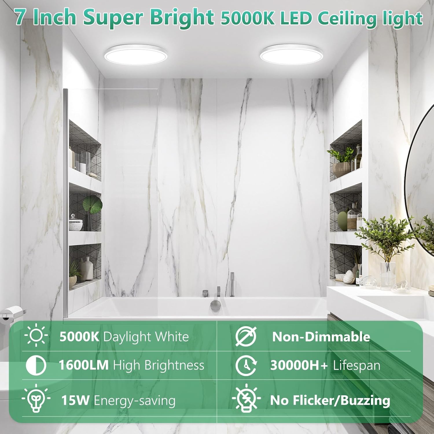 Key features of Brightever 7 Inch LED Ceiling Light: 5000K Daylight White, 1600LM High Brightness, 15W Energy-saving, Non-Dimmable, 30000H+ Lifespan, No Flicker/Buzzing.