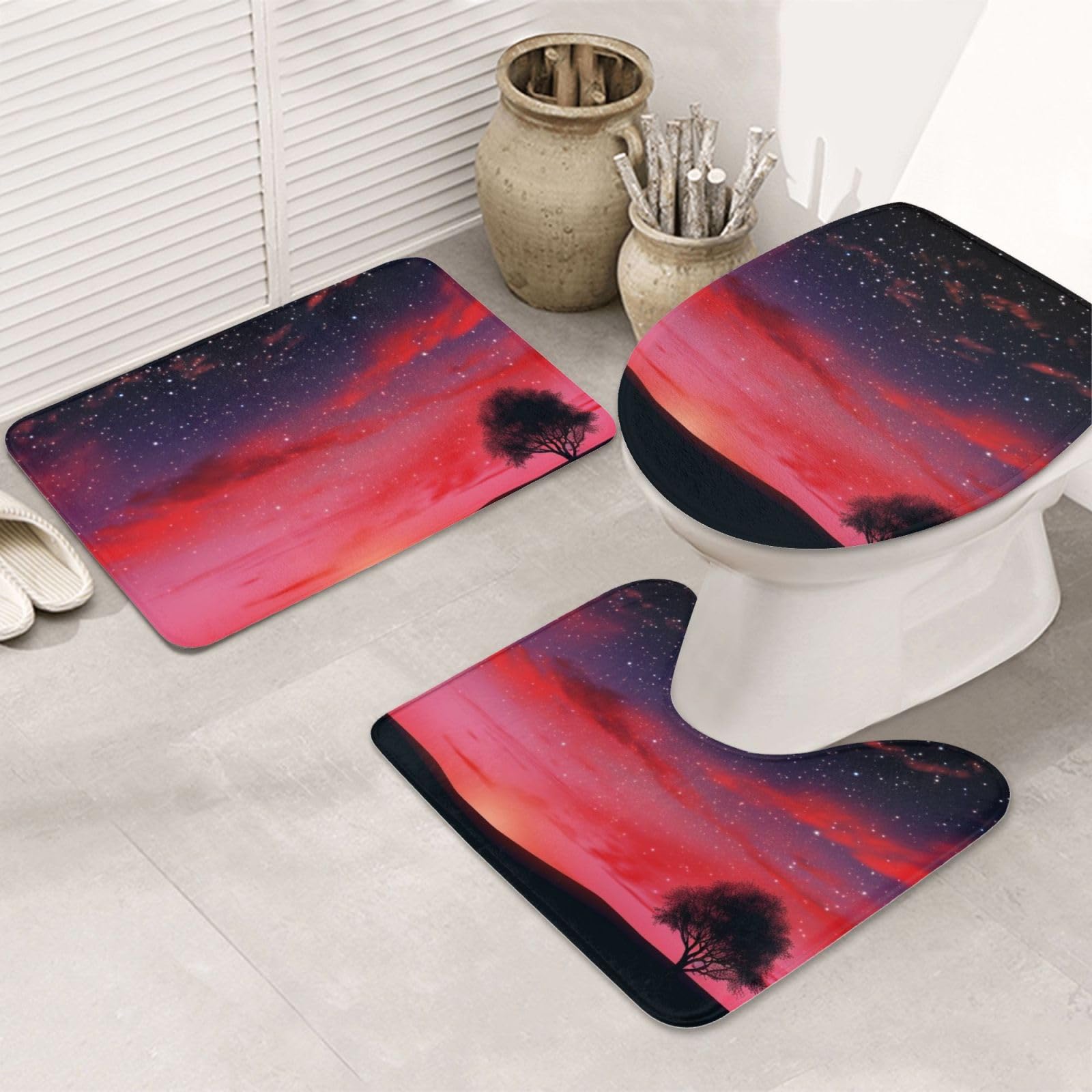 Tapis de bain antidérapants lot de 3 avec contour U et housse WC rouge motif ciel étoilé