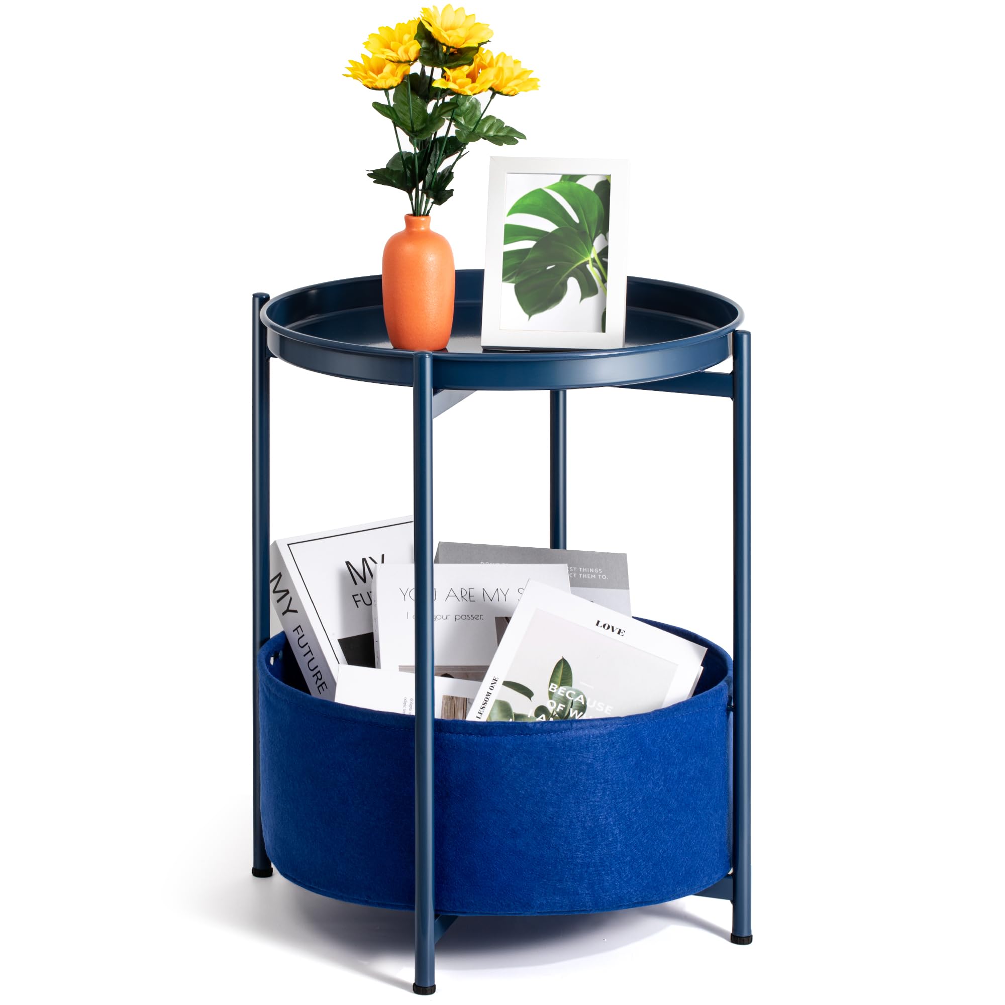 Luwesde Round Side Table, Blue End Table with Storage Basket, Metal Night Stand with Removable Tray, Small Bedside Table for Living Room, Bedroom,