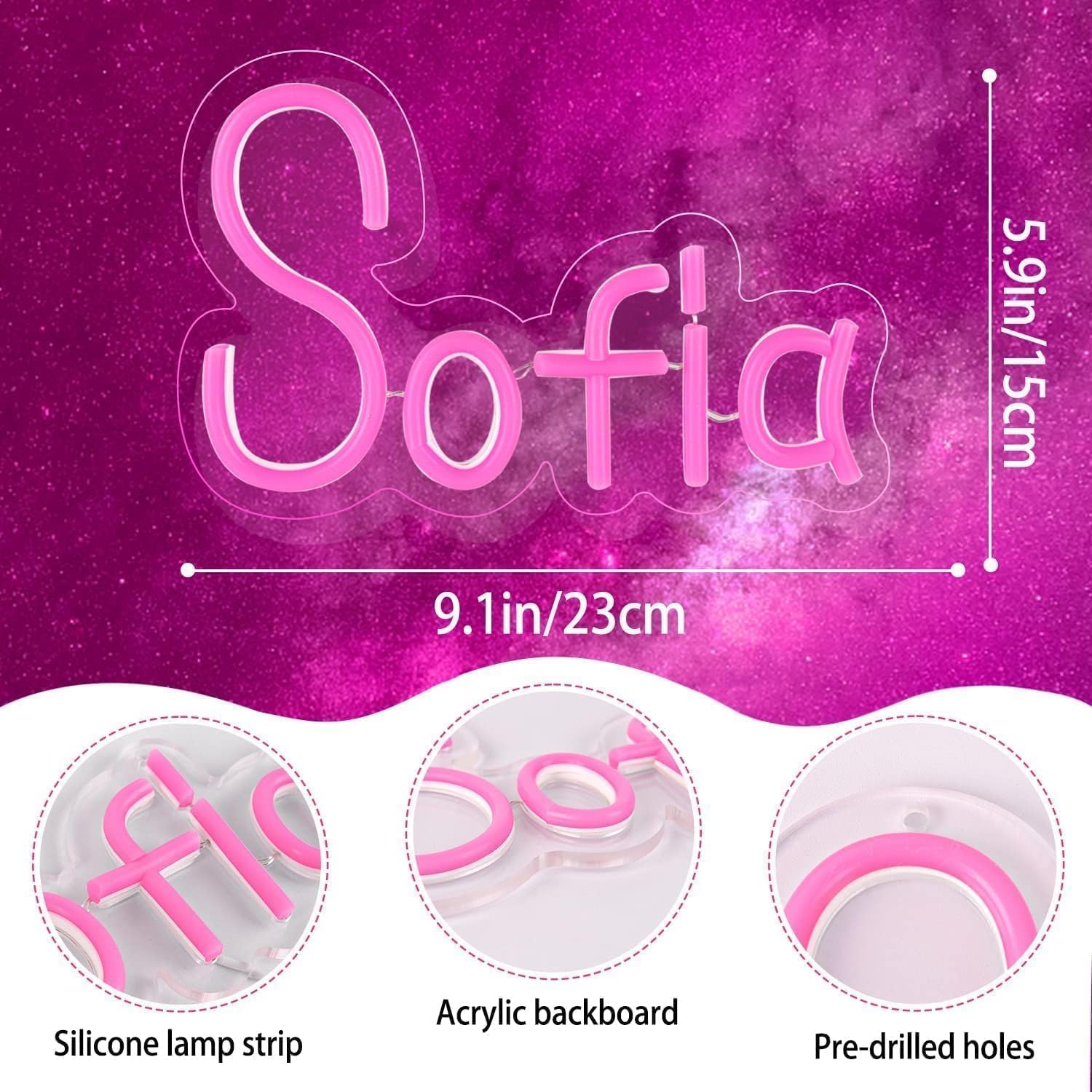 Sofia Name Neon Sign for Wall Decor Sofia LED Sign for Man Cave Bedroom | Girl Birthday Name Gift,Man Cave,Bedroom,Birthday anniversary Decor,5V USB Powered,LED Neon,Easy Installation,9 * 5.9 In